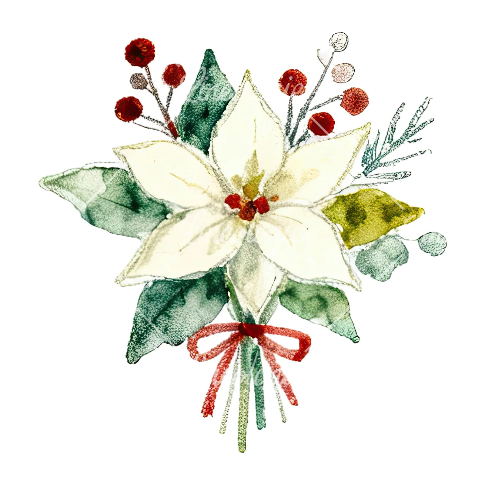 Watercolor Christmas flower bouquet clipart 6 of 12 on a white background (JPG)