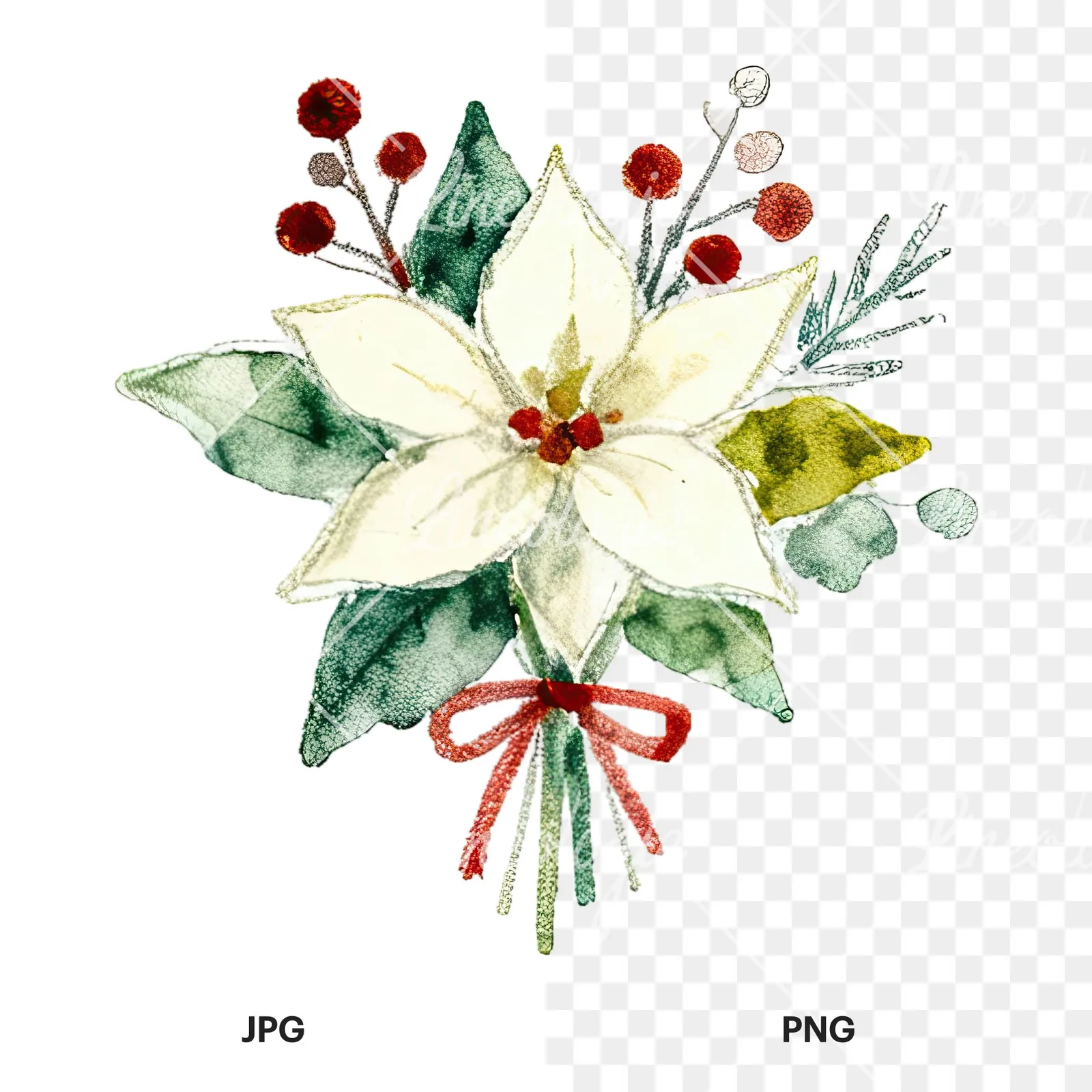 Watercolor Christmas flower bouquet clipart 6 of 12, as a JPG on white and a transparent PNG