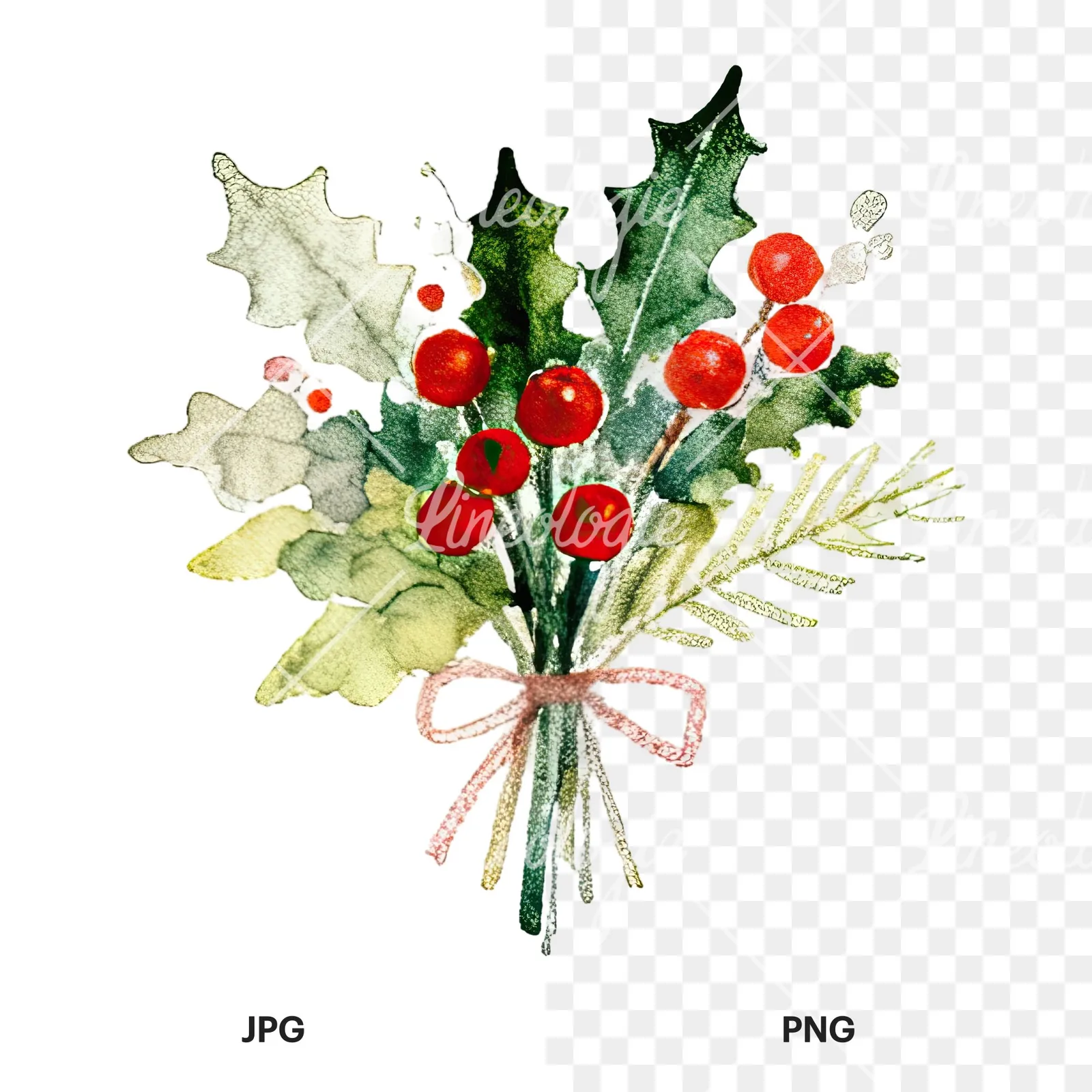 Watercolor Christmas flower bouquet clipart 7 of 12, as a JPG on white and a transparent PNG