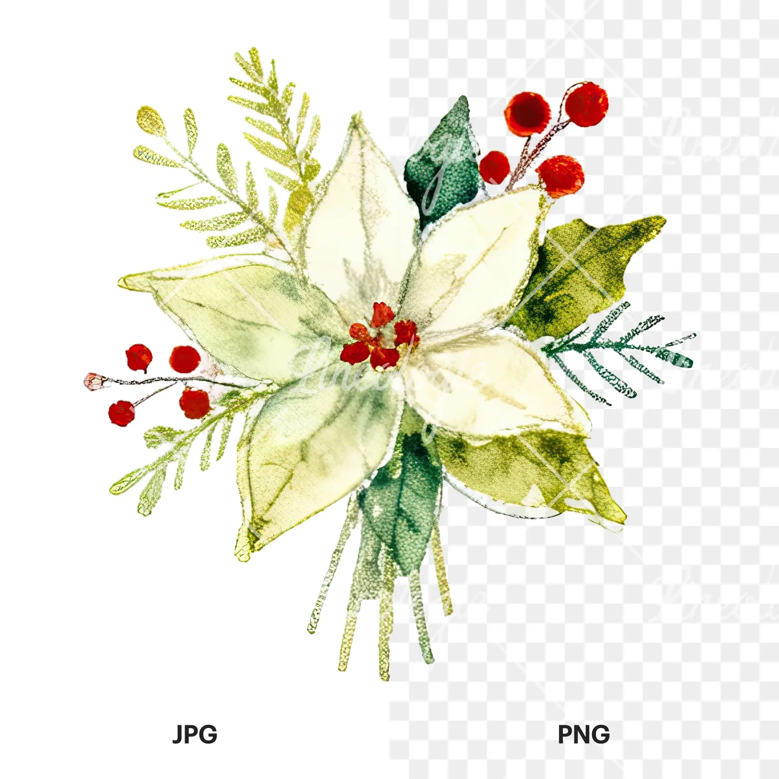 Watercolor Christmas flower bouquet clipart 9 of 12, as a JPG on white and a transparent PNG