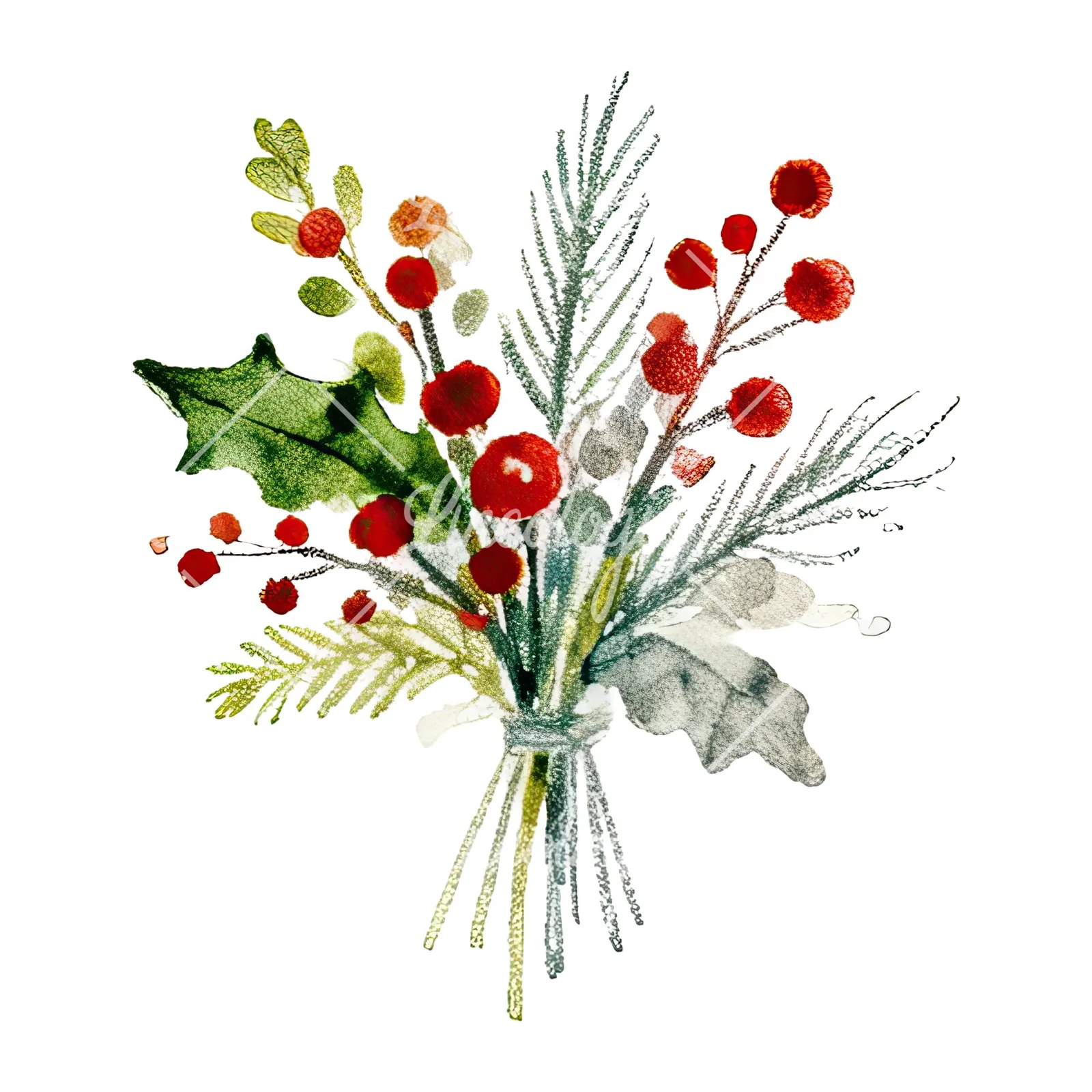 Watercolor Christmas flower bouquet clipart 10 of 12 on a white background (JPG)