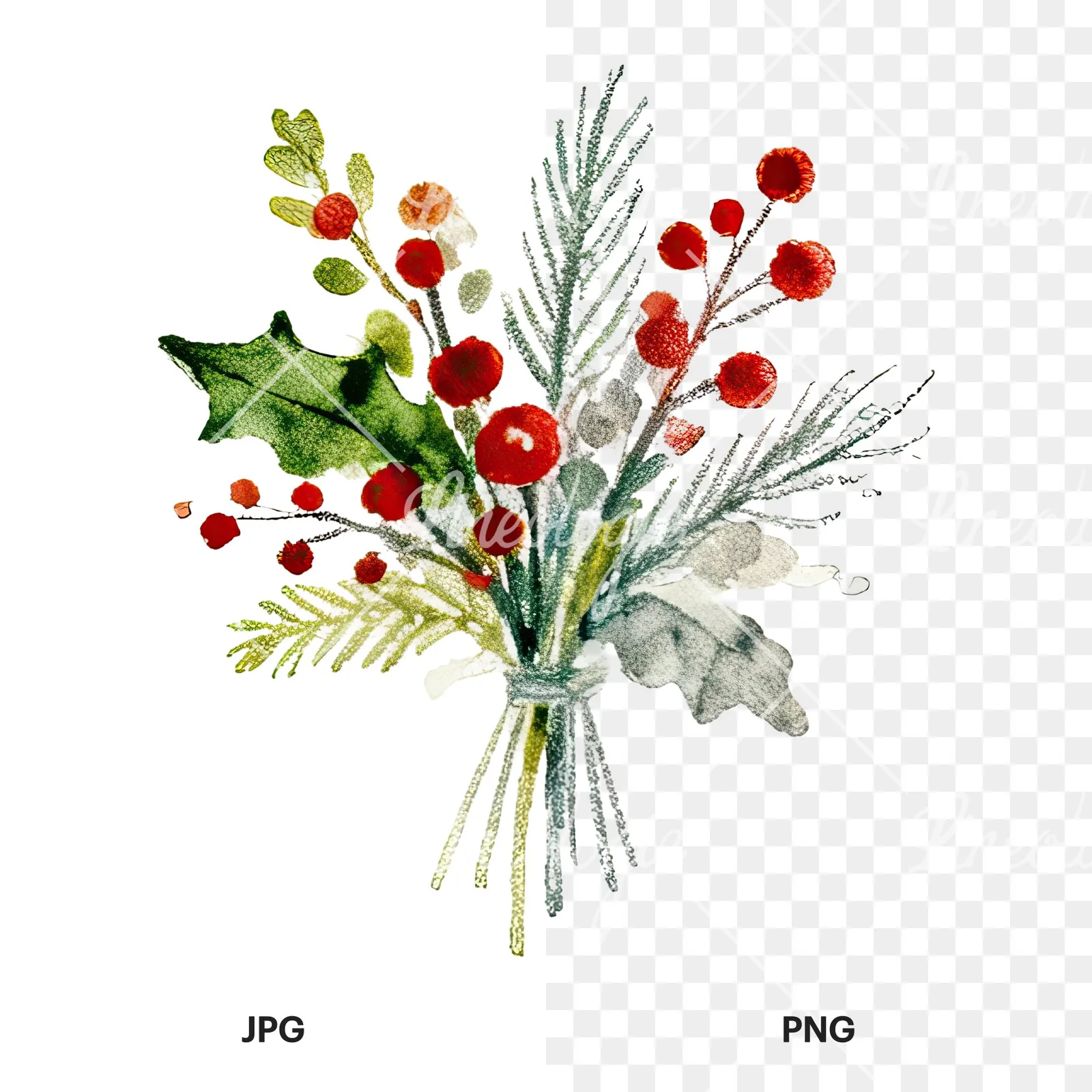 Watercolor Christmas flower bouquet clipart 10 of 12, as a JPG on white and a transparent PNG