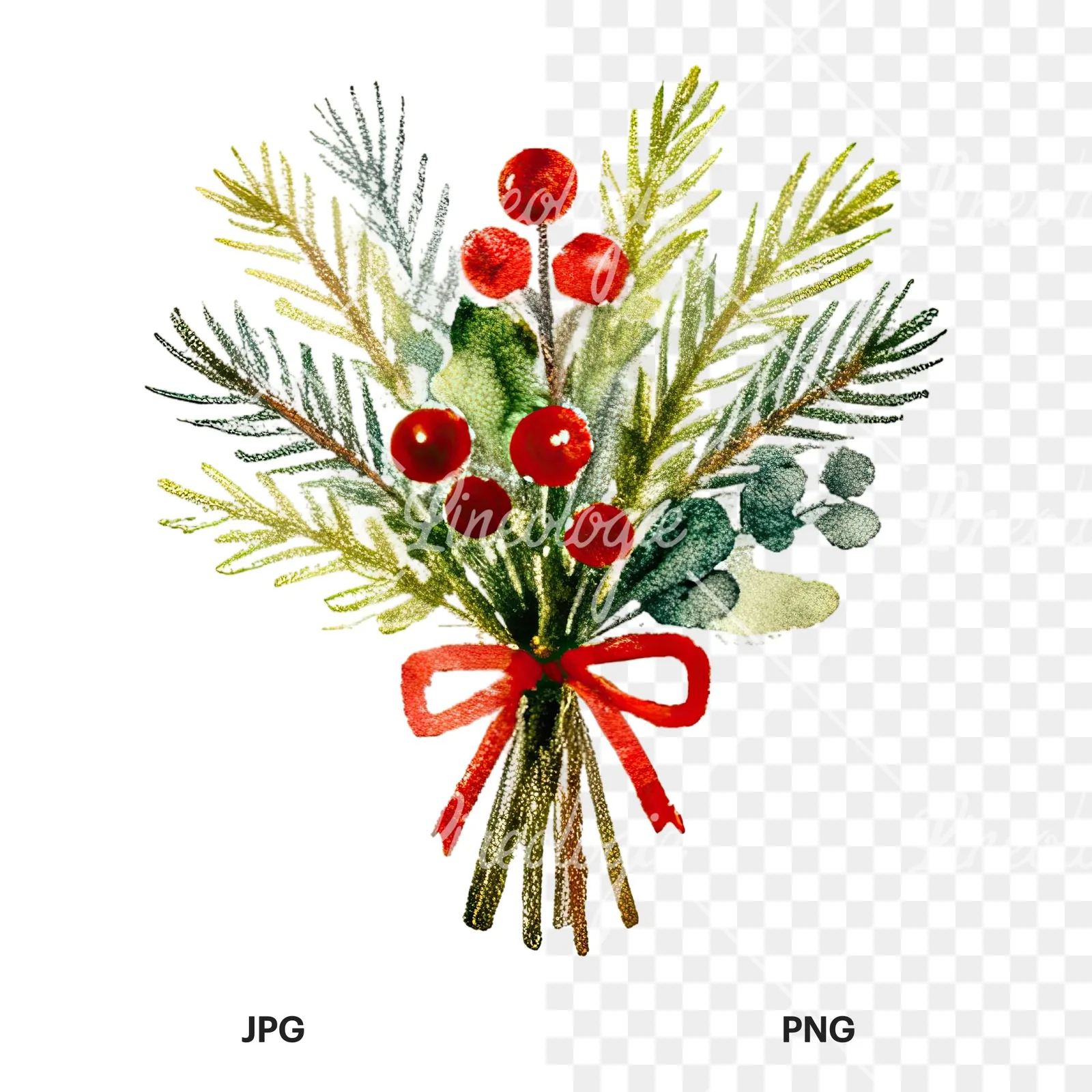 Watercolor Christmas flower bouquet clipart 11 of 12, as a JPG on white and a transparent PNG
