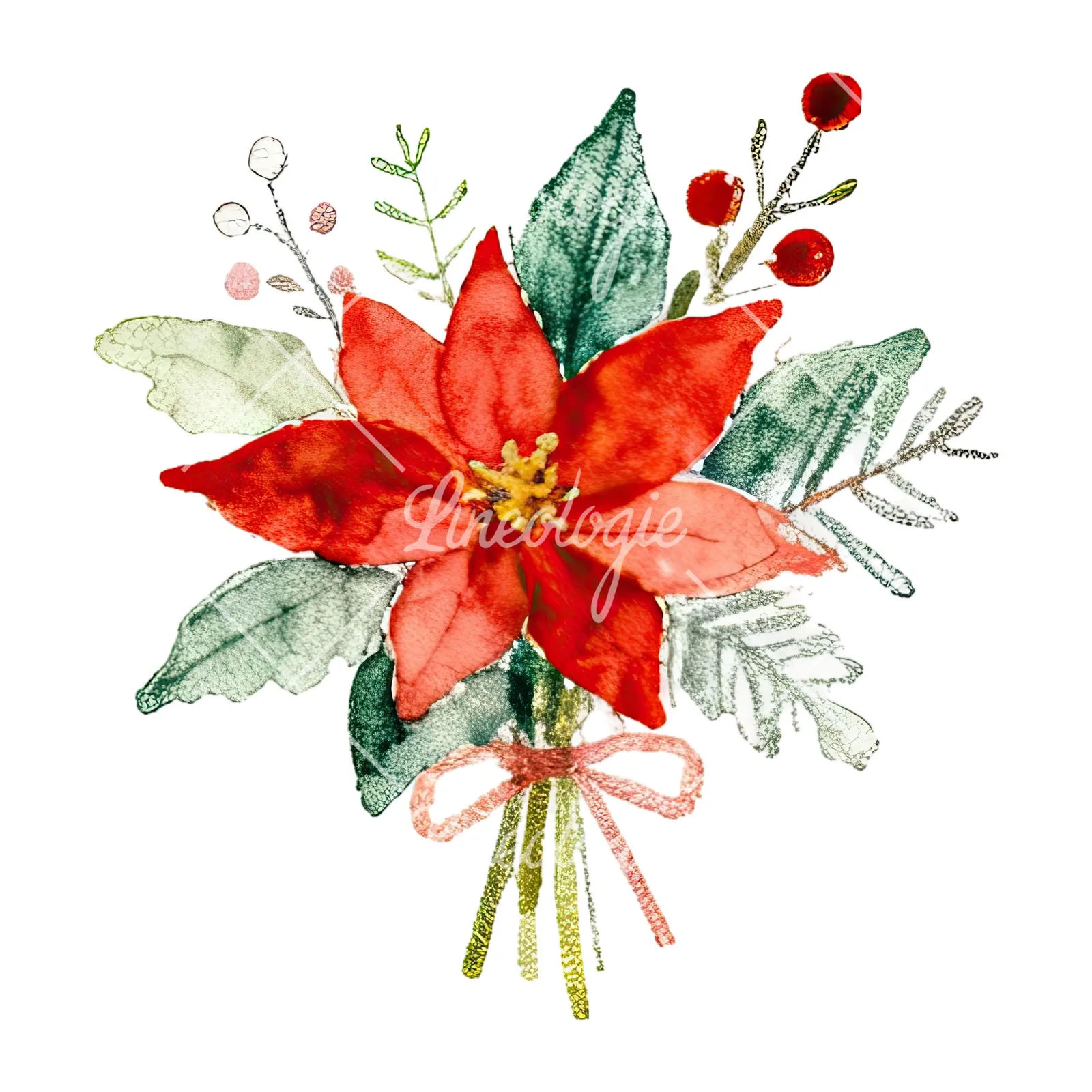 Watercolor Christmas flower bouquet clipart 12 of 12 on a white background (JPG)