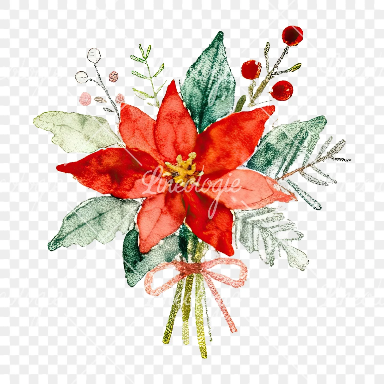 Watercolor Christmas flower bouquet clipart 12 of 12 on a transparent background (PNG)