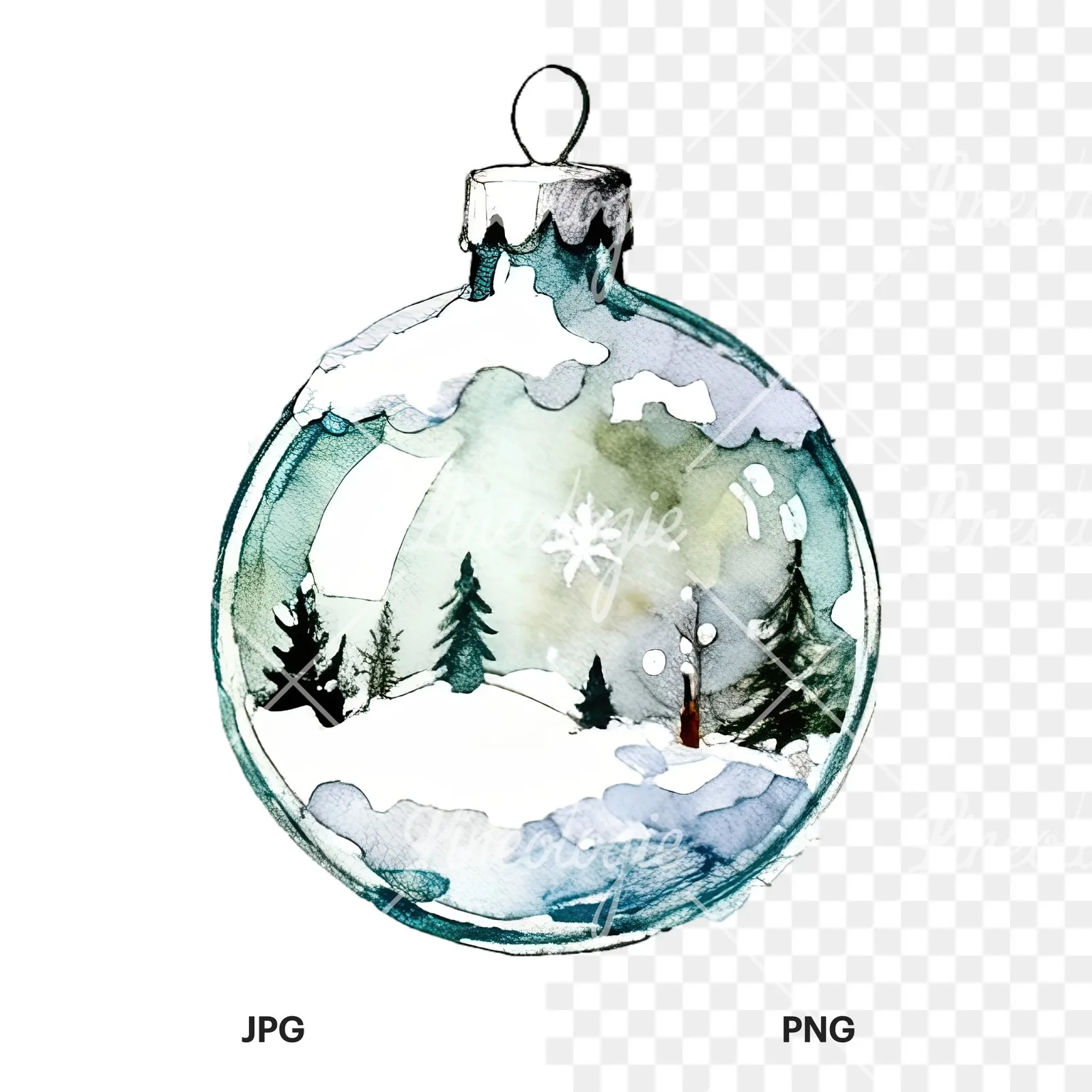 Watercolor Christmas glass bauble clipart 1 of 12, as a JPG on white and a transparent PNG