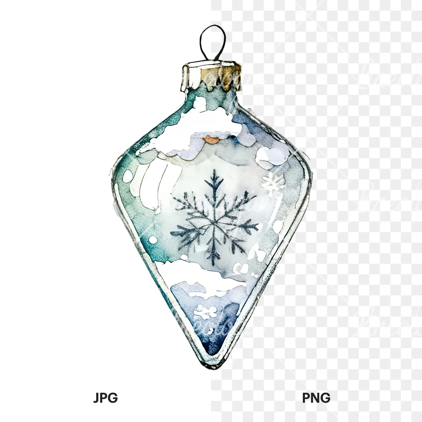 Watercolor Christmas glass bauble clipart 2 of 12, as a JPG on white and a transparent PNG