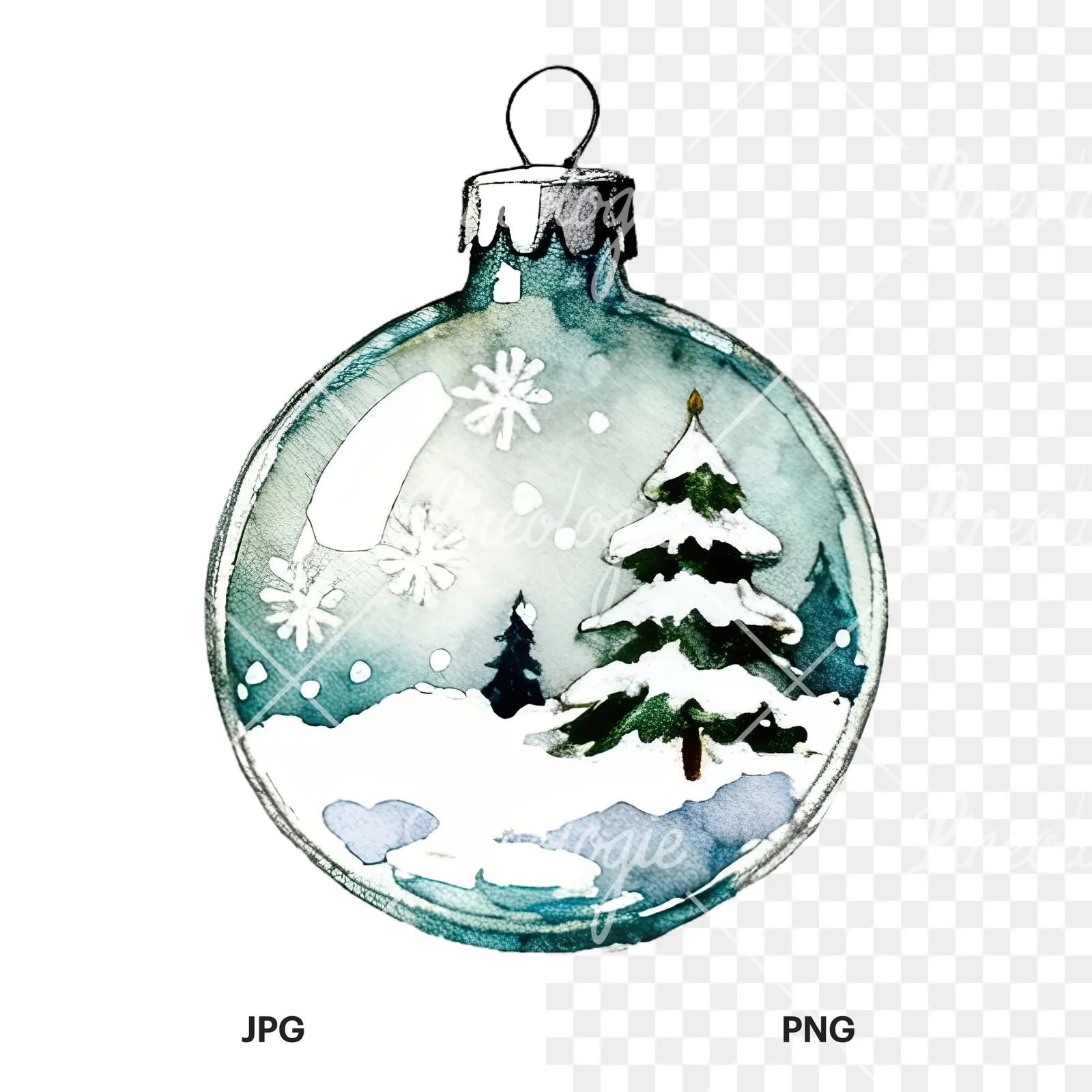Watercolor Christmas glass bauble clipart 4 of 12, as a JPG on white and a transparent PNG