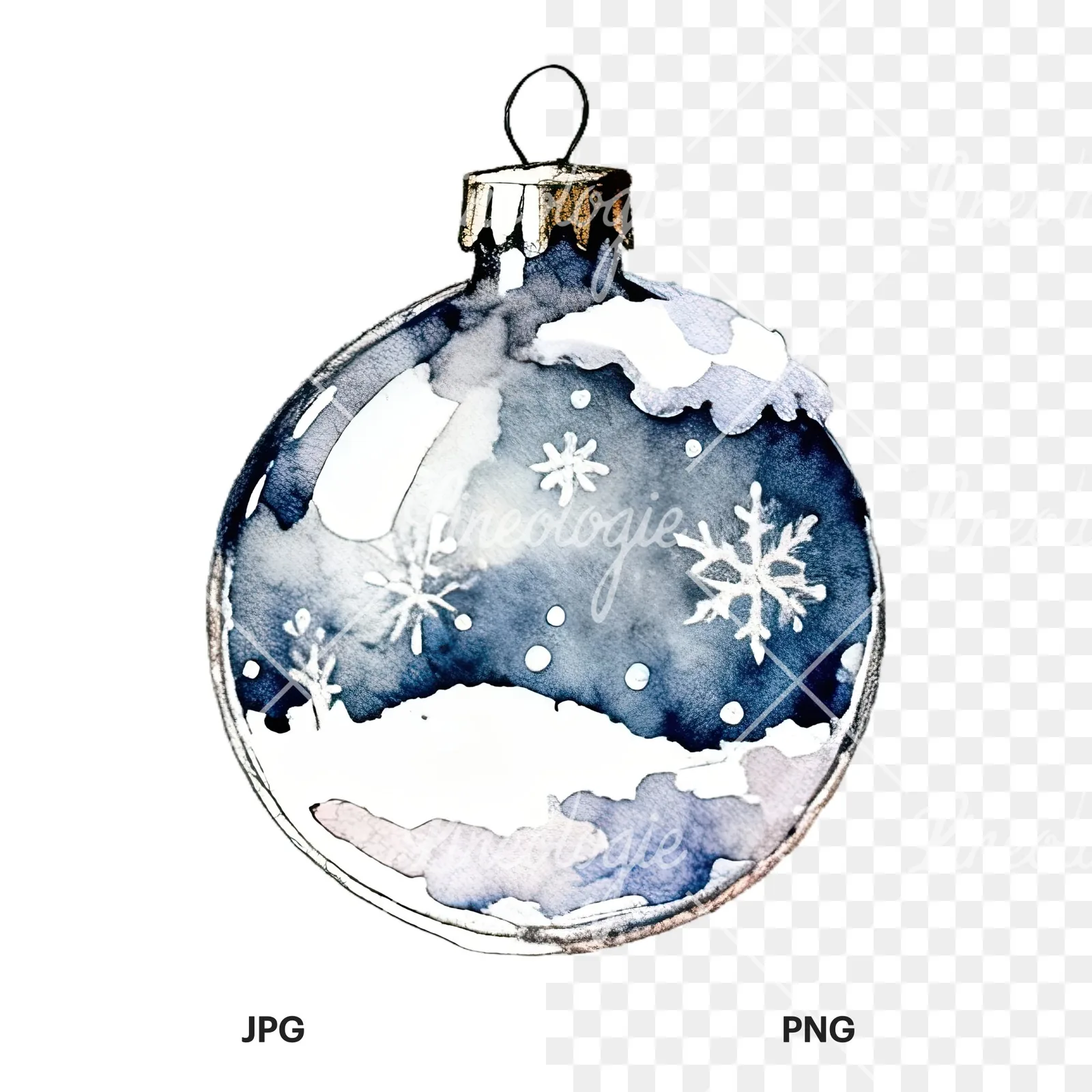 Watercolor Christmas glass bauble clipart 5 of 12, as a JPG on white and a transparent PNG