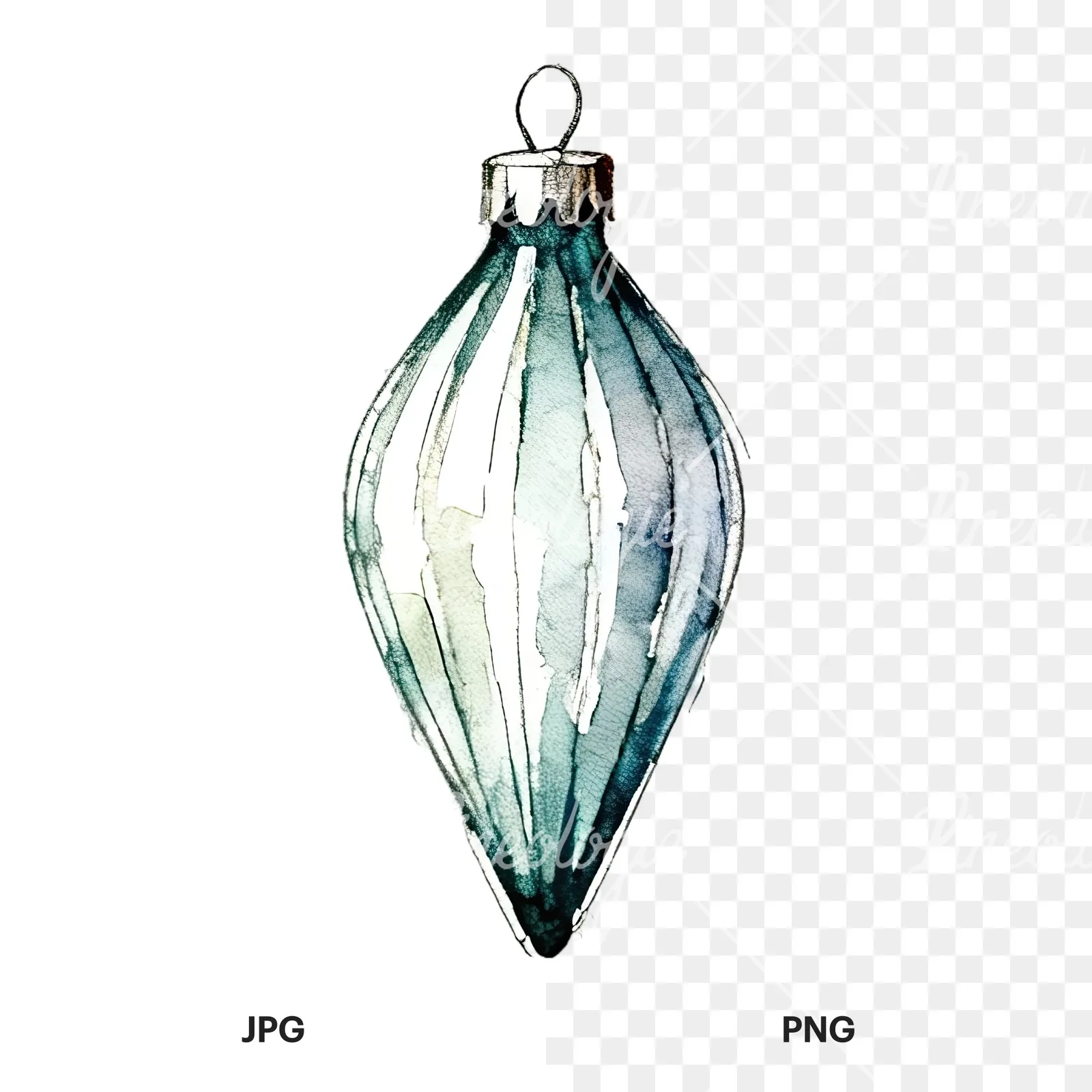 Watercolor Christmas glass bauble clipart 7 of 12, as a JPG on white and a transparent PNG