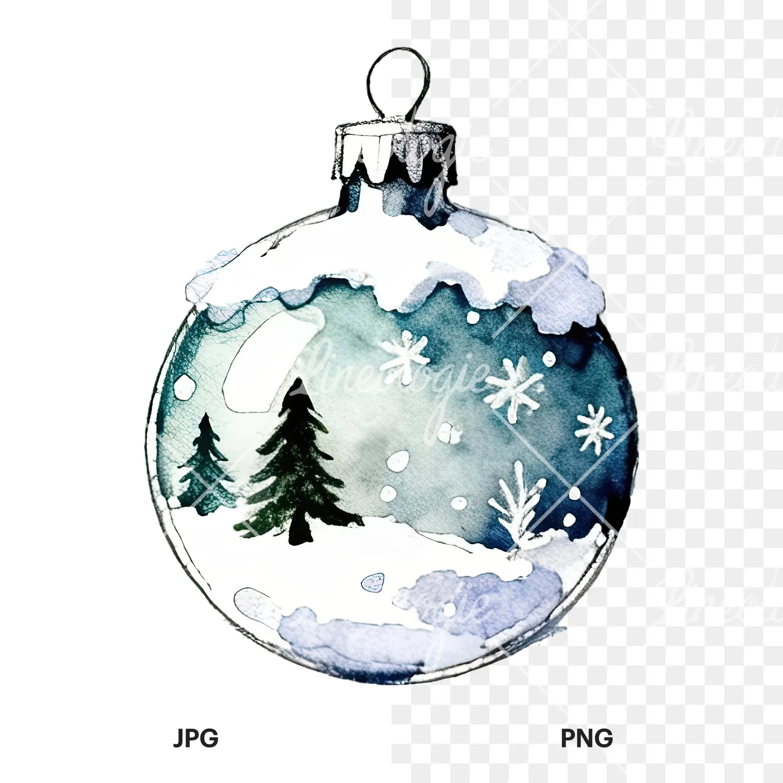 Watercolor Christmas glass bauble clipart 8 of 12, as a JPG on white and a transparent PNG