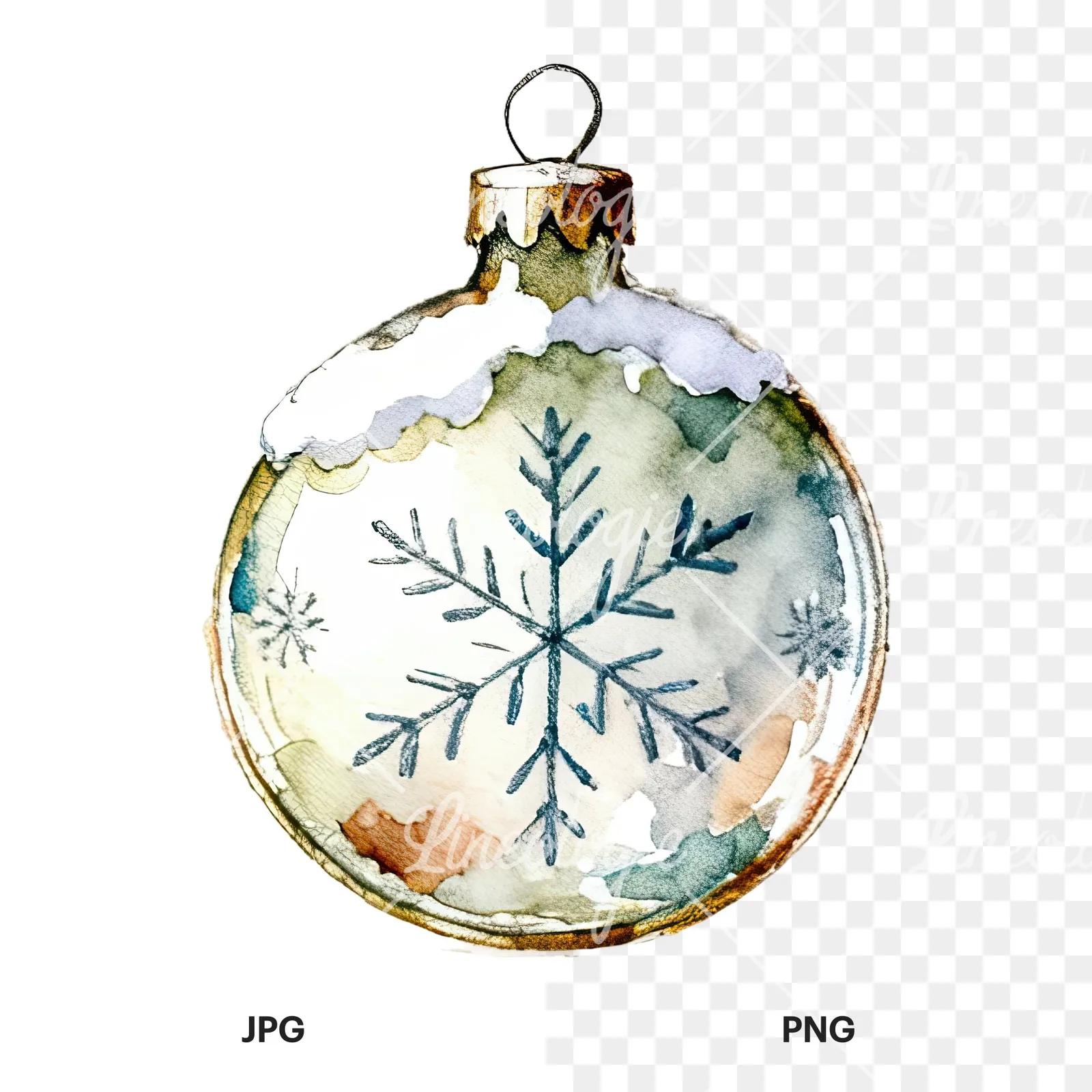 Watercolor Christmas glass bauble clipart 11 of 12, as a JPG on white and a transparent PNG