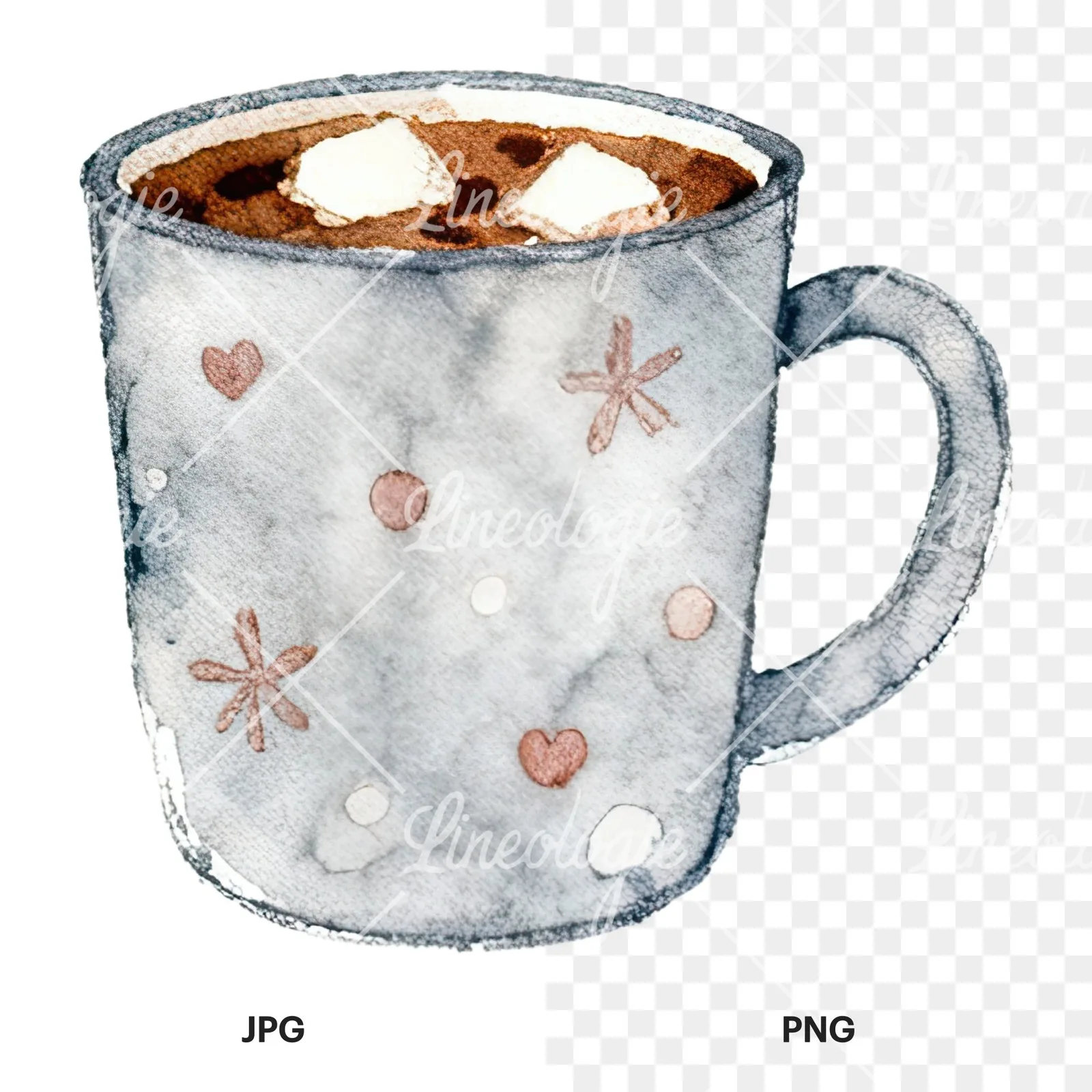 Watercolor festive hot chocolate clipart 1 of 12, as a JPG on white and a transparent PNG