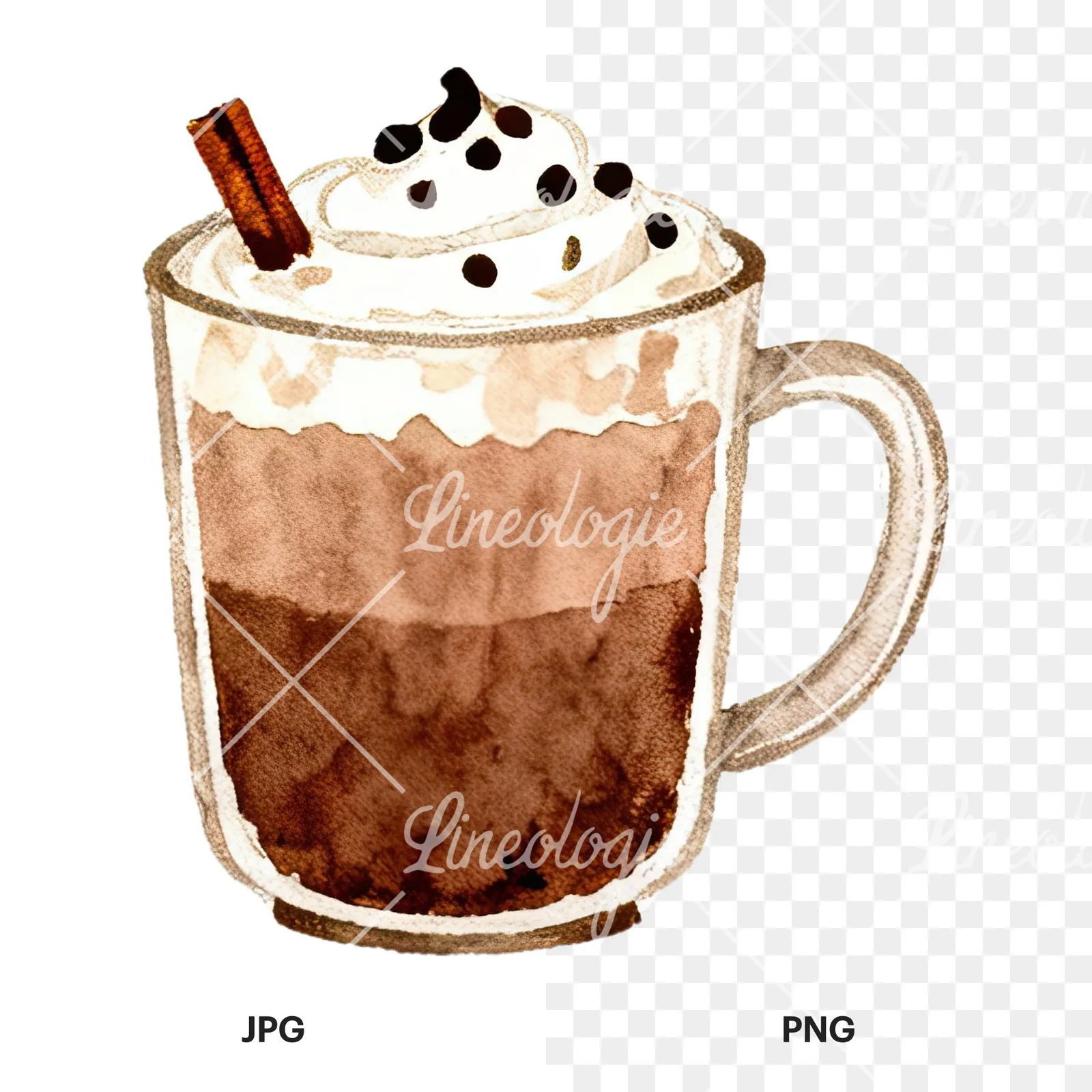 Watercolor festive hot chocolate clipart 2 of 12, as a JPG on white and a transparent PNG