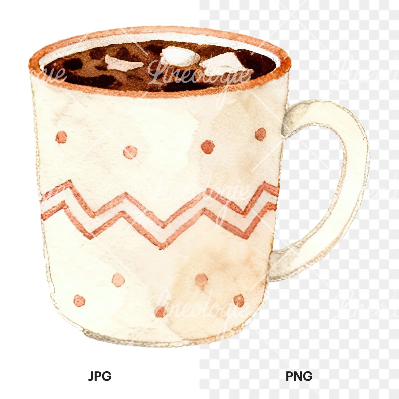 Watercolor festive hot chocolate clipart 3 of 12, as a JPG on white and a transparent PNG