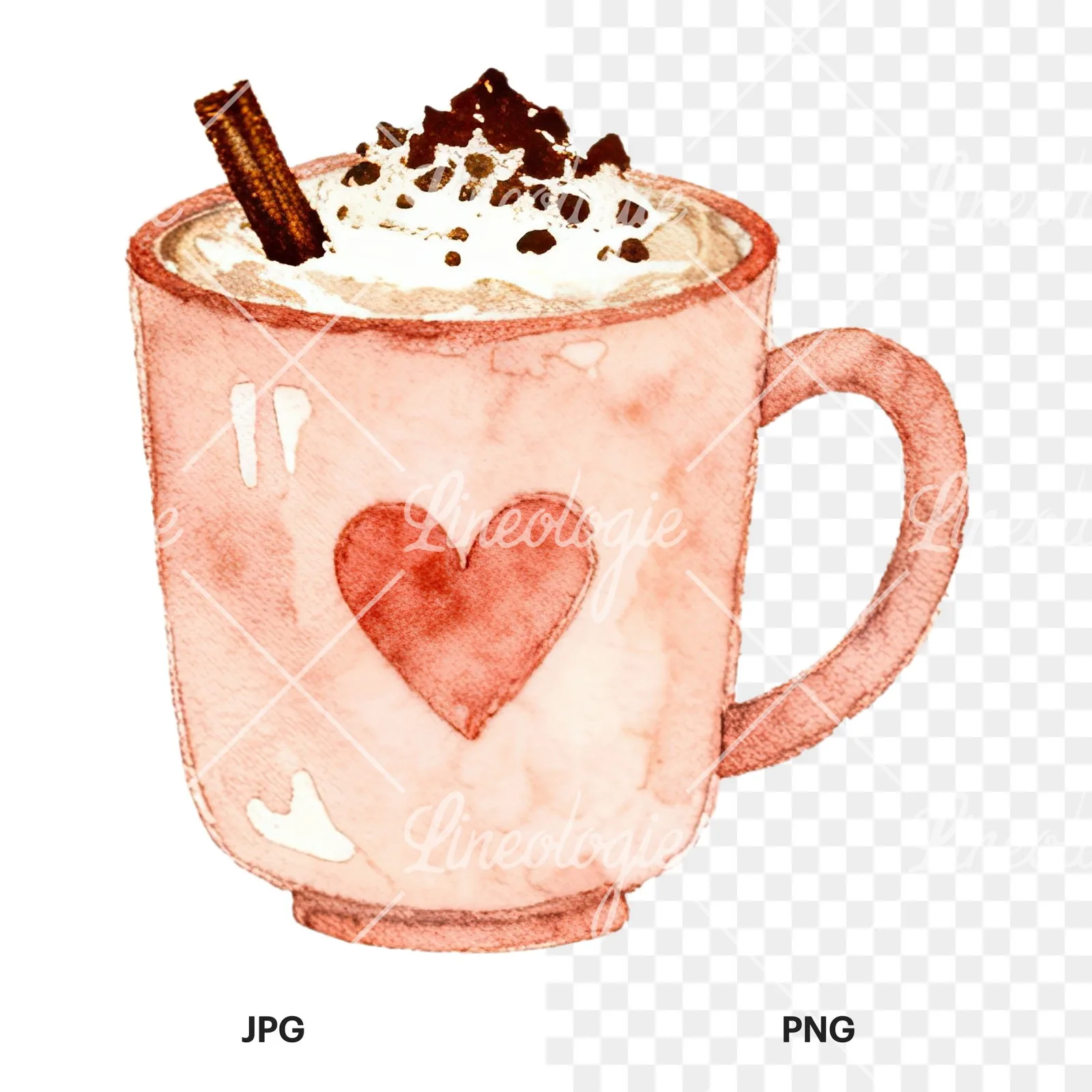 Watercolor festive hot chocolate clipart 4 of 12, as a JPG on white and a transparent PNG