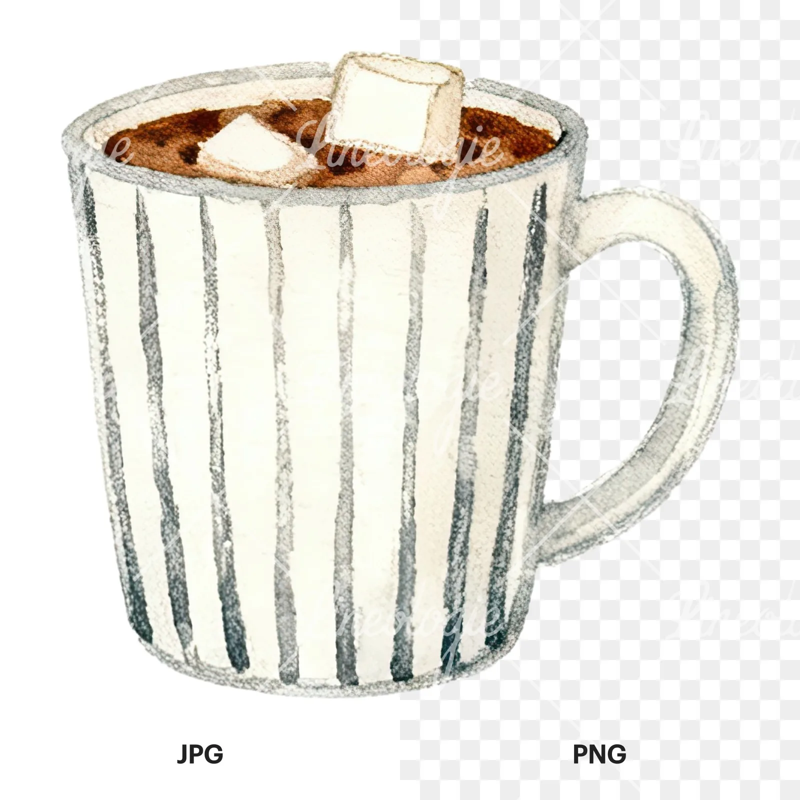 Watercolor festive hot chocolate clipart 5 of 12, as a JPG on white and a transparent PNG
