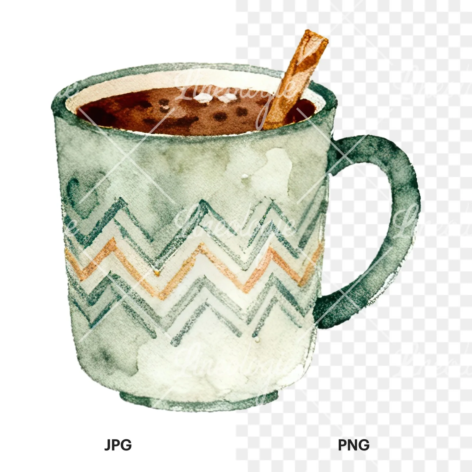 Watercolor festive hot chocolate clipart 6 of 12, as a JPG on white and a transparent PNG