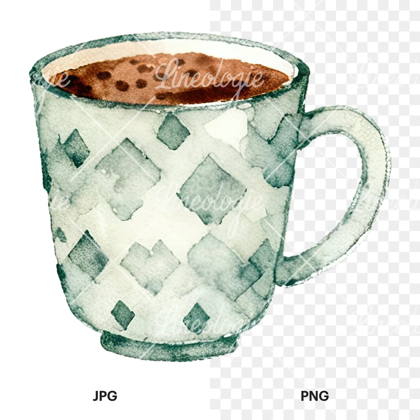 Watercolor festive hot chocolate clipart 7 of 12, as a JPG on white and a transparent PNG
