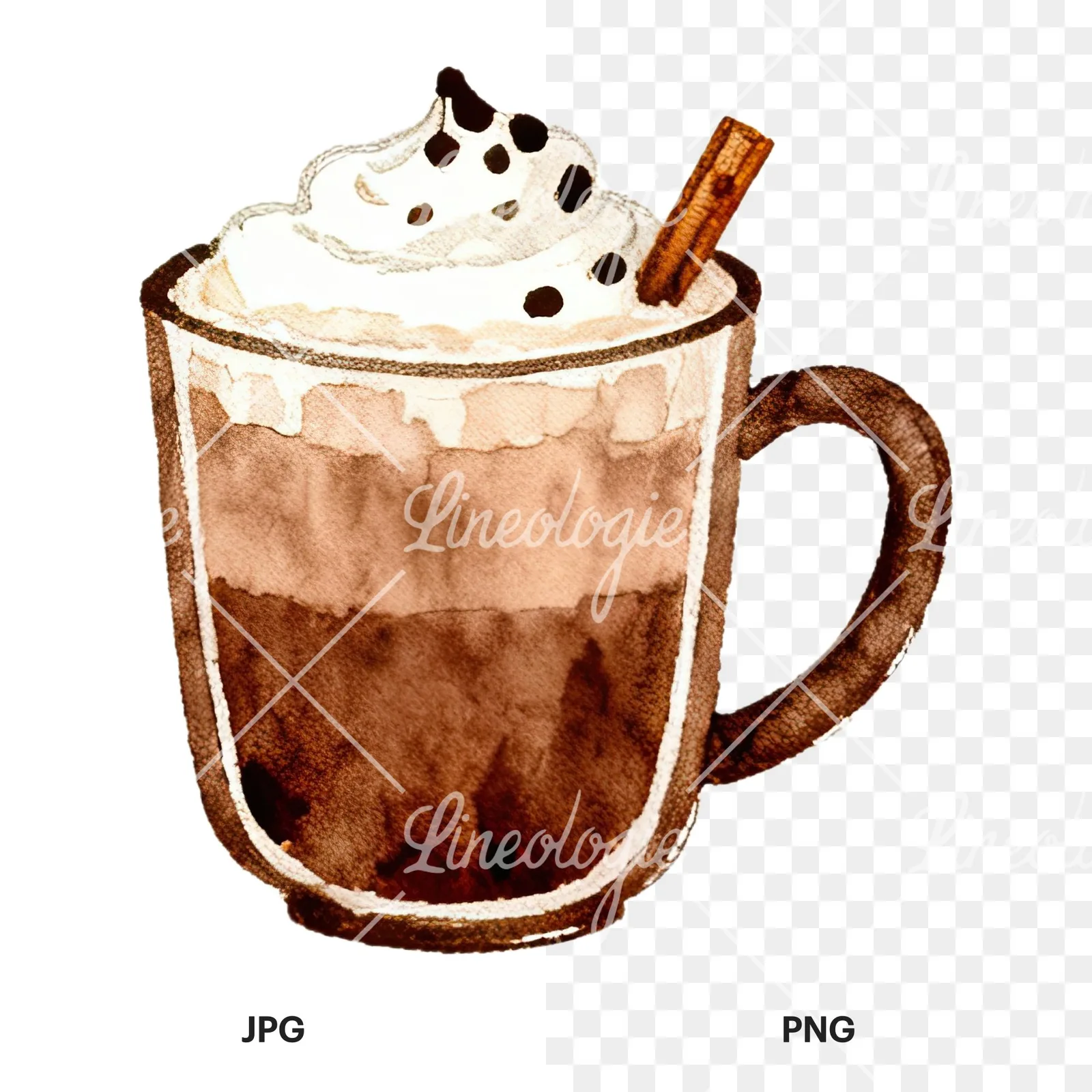 Watercolor festive hot chocolate clipart 8 of 12, as a JPG on white and a transparent PNG