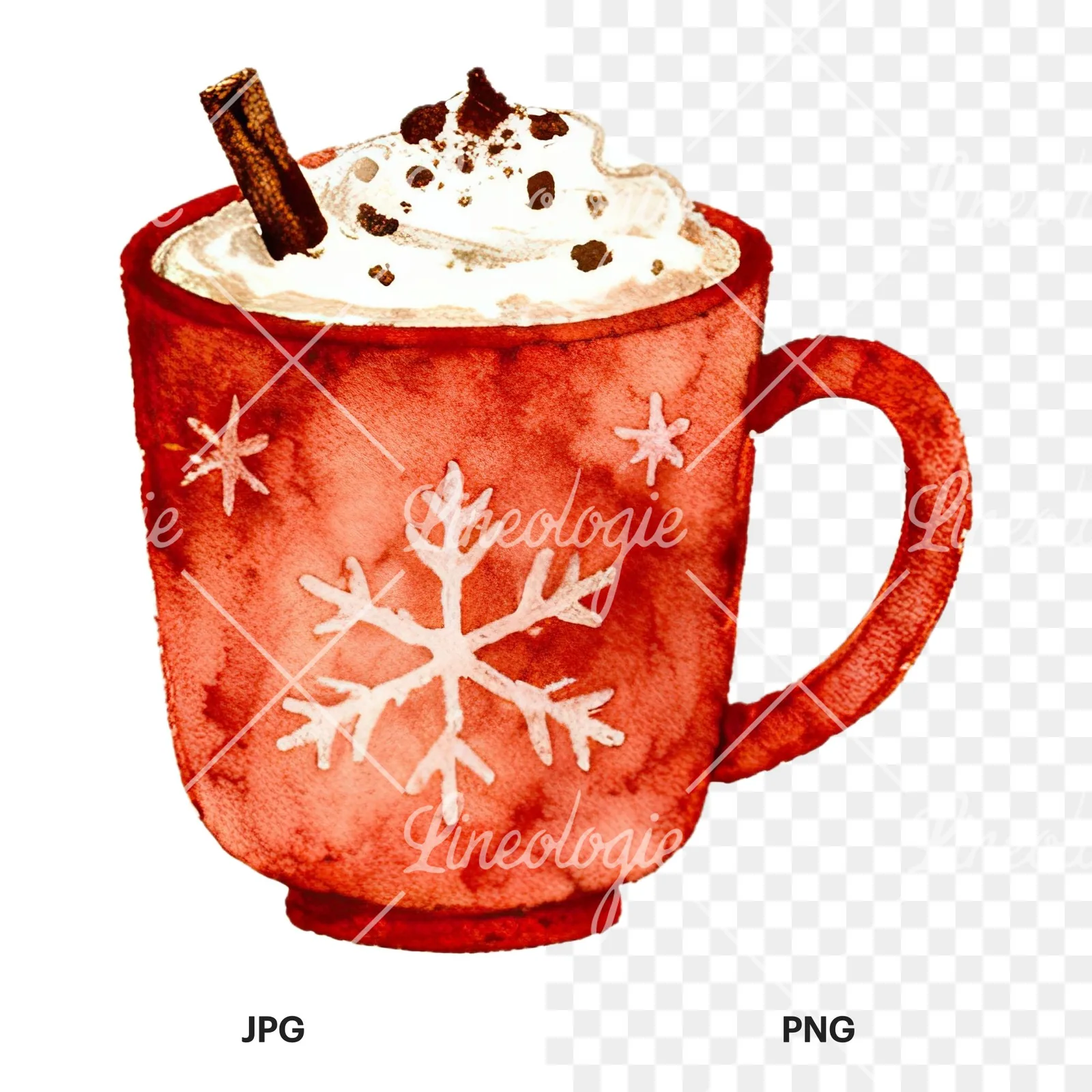Watercolor festive hot chocolate clipart 10 of 12, as a JPG on white and a transparent PNG
