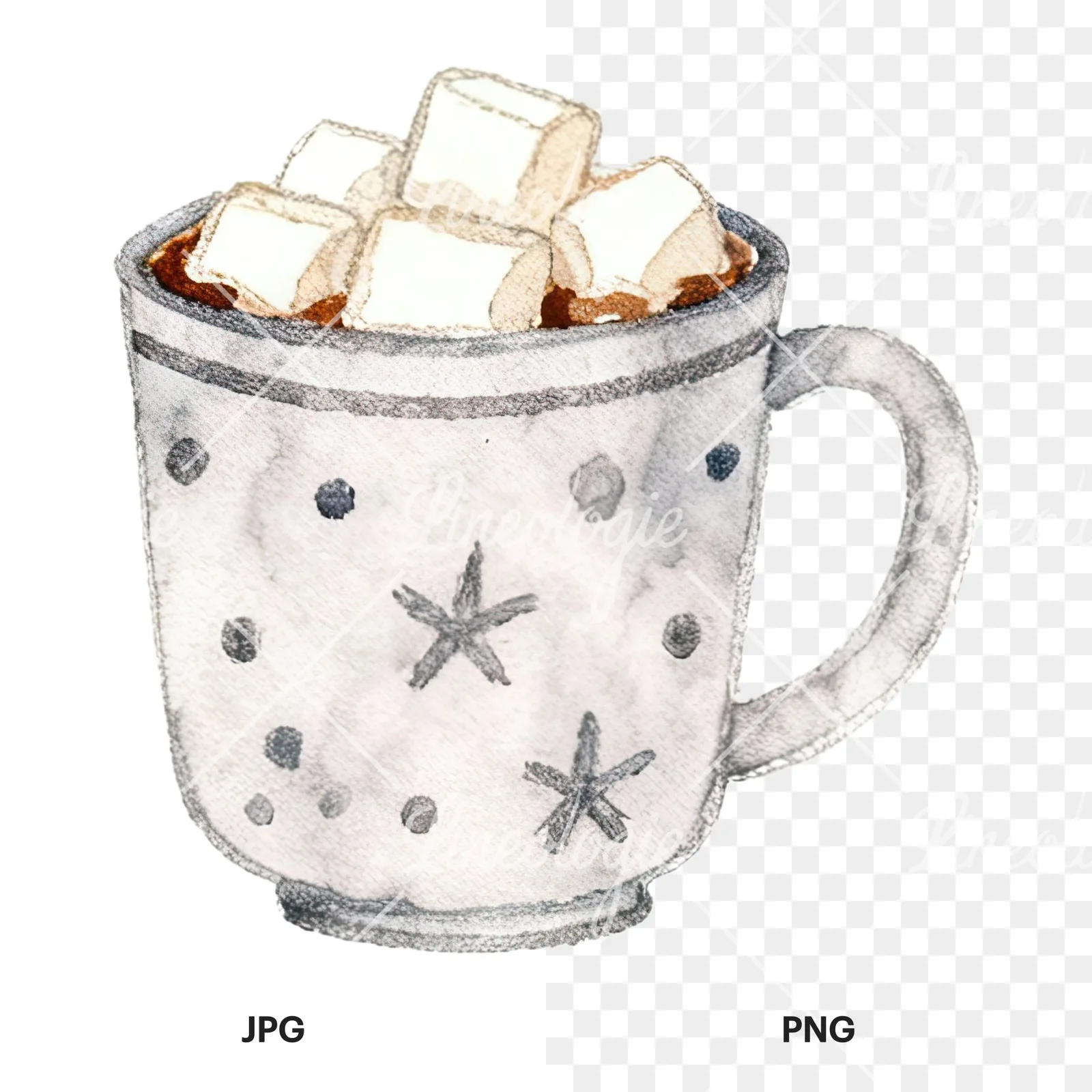 Watercolor festive hot chocolate clipart 11 of 12, as a JPG on white and a transparent PNG