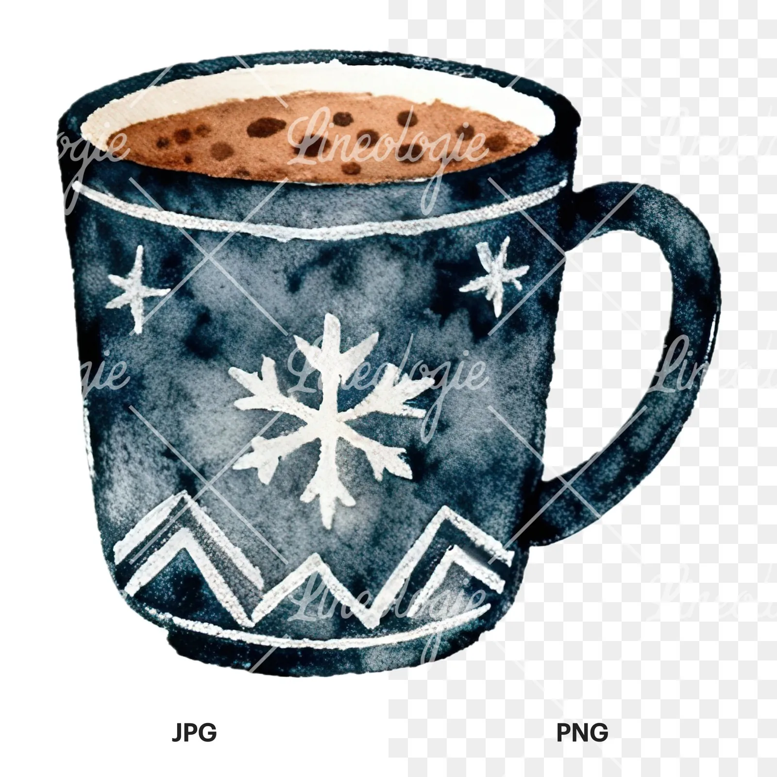 Watercolor festive hot chocolate clipart 12 of 12, as a JPG on white and a transparent PNG