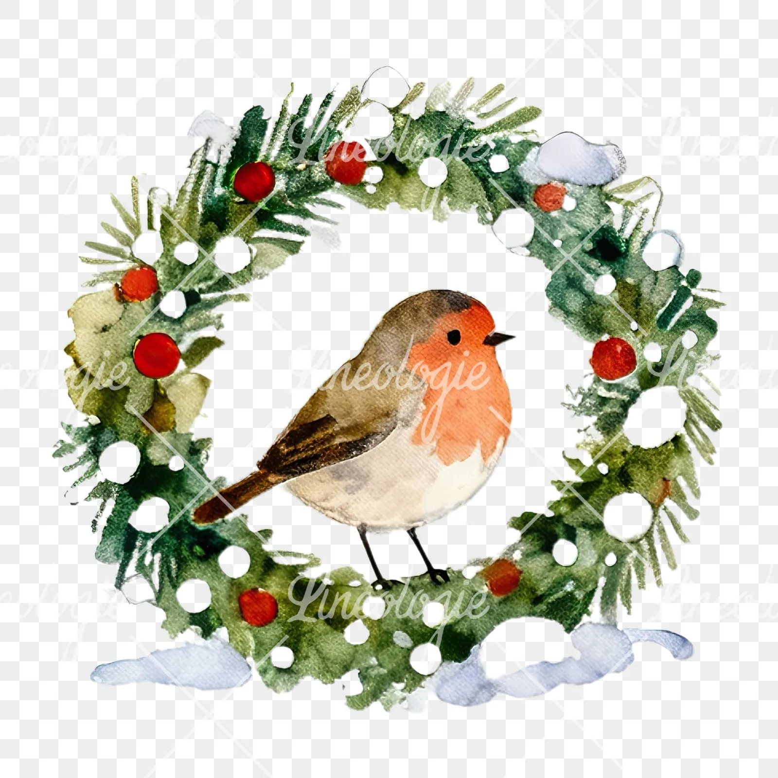Watercolor robin wreath clipart 1 of 12 on a transparent background (PNG)