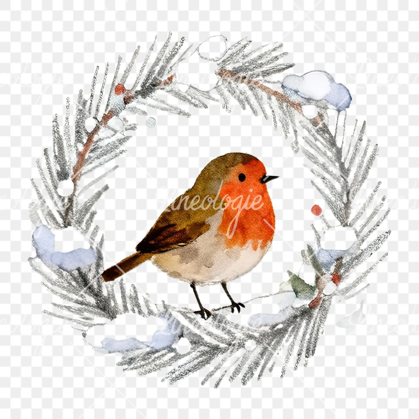 Watercolor robin wreath clipart 2 of 12 on a transparent background (PNG)