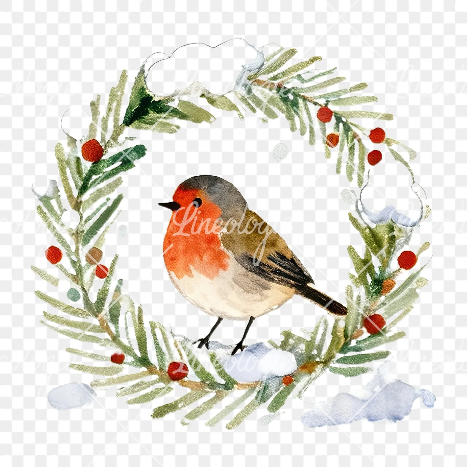 Watercolor robin wreath clipart 3 of 12 on a transparent background (PNG)