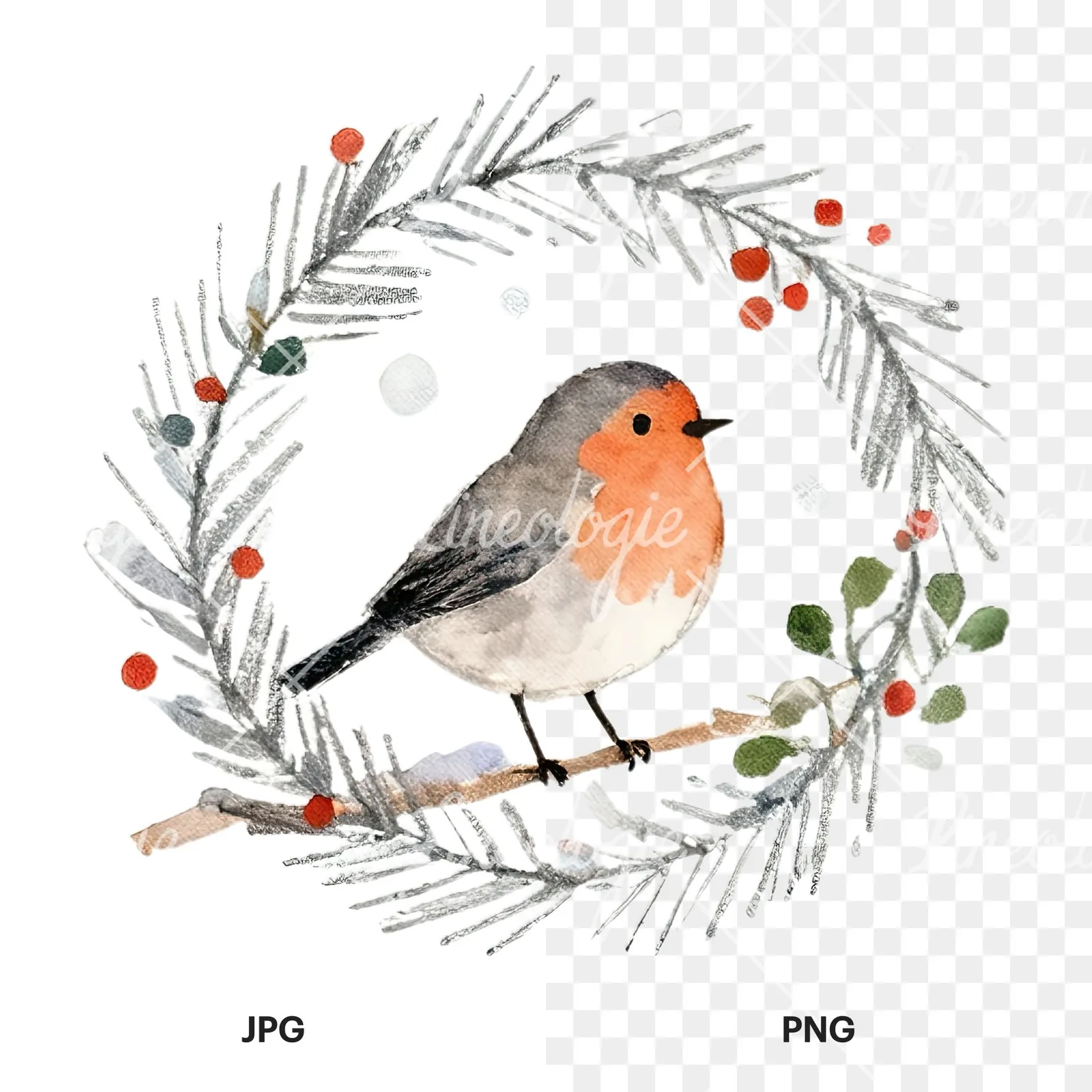 Watercolor robin wreath clipart 4 of 12, as a JPG on white and a transparent PNG