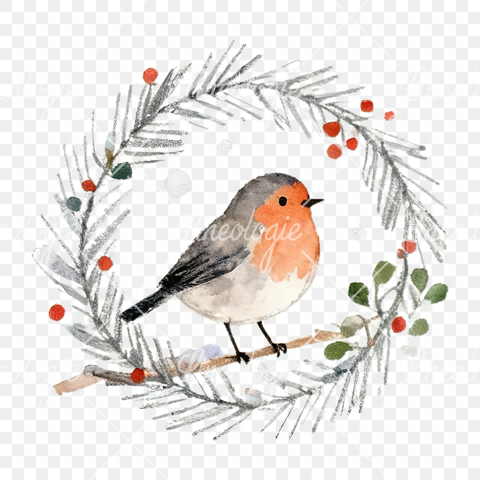 Watercolor robin wreath clipart 4 of 12 on a transparent background (PNG)