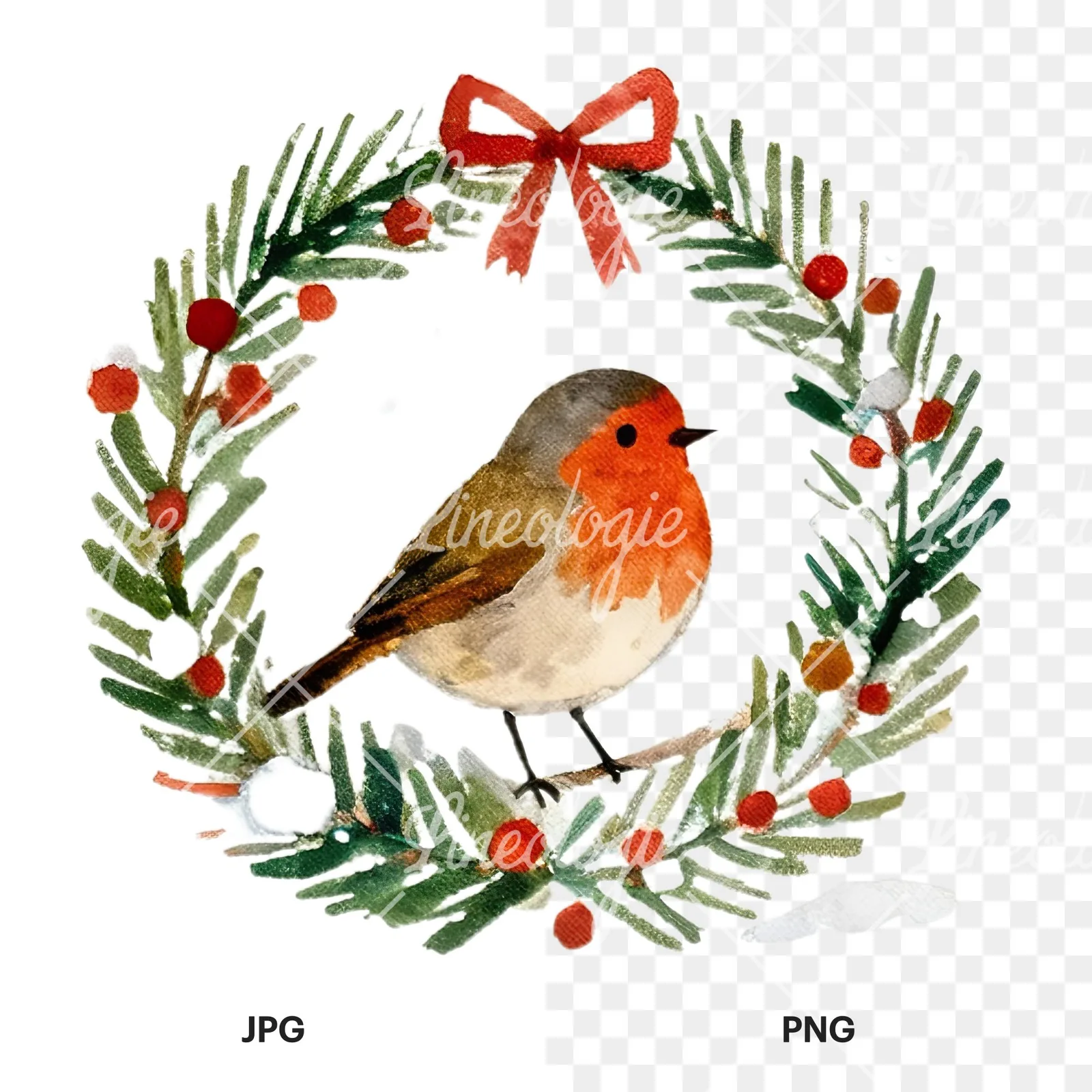 Watercolor robin wreath clipart 6 of 12, as a JPG on white and a transparent PNG
