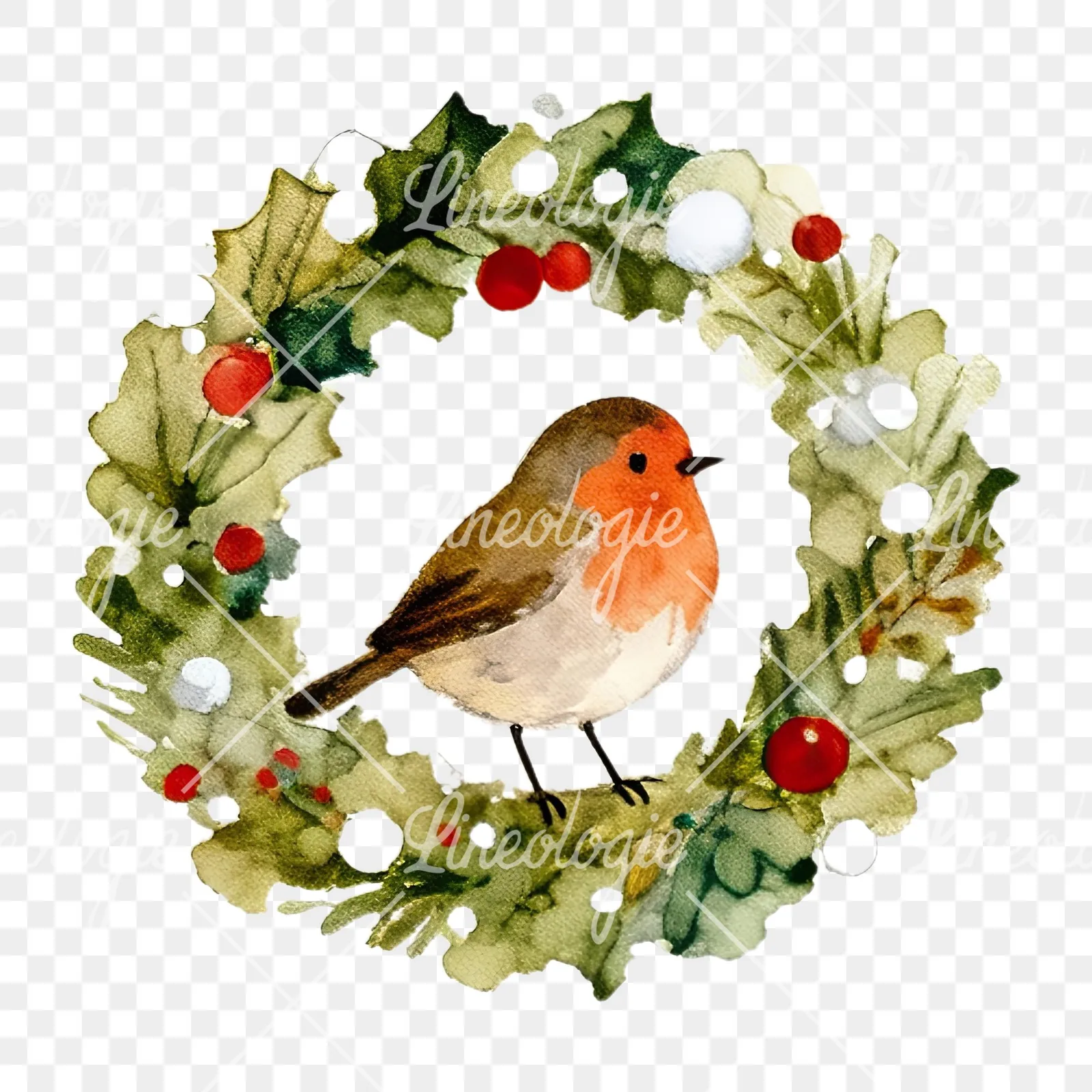 Watercolor robin wreath clipart 7 of 12 on a transparent background (PNG)