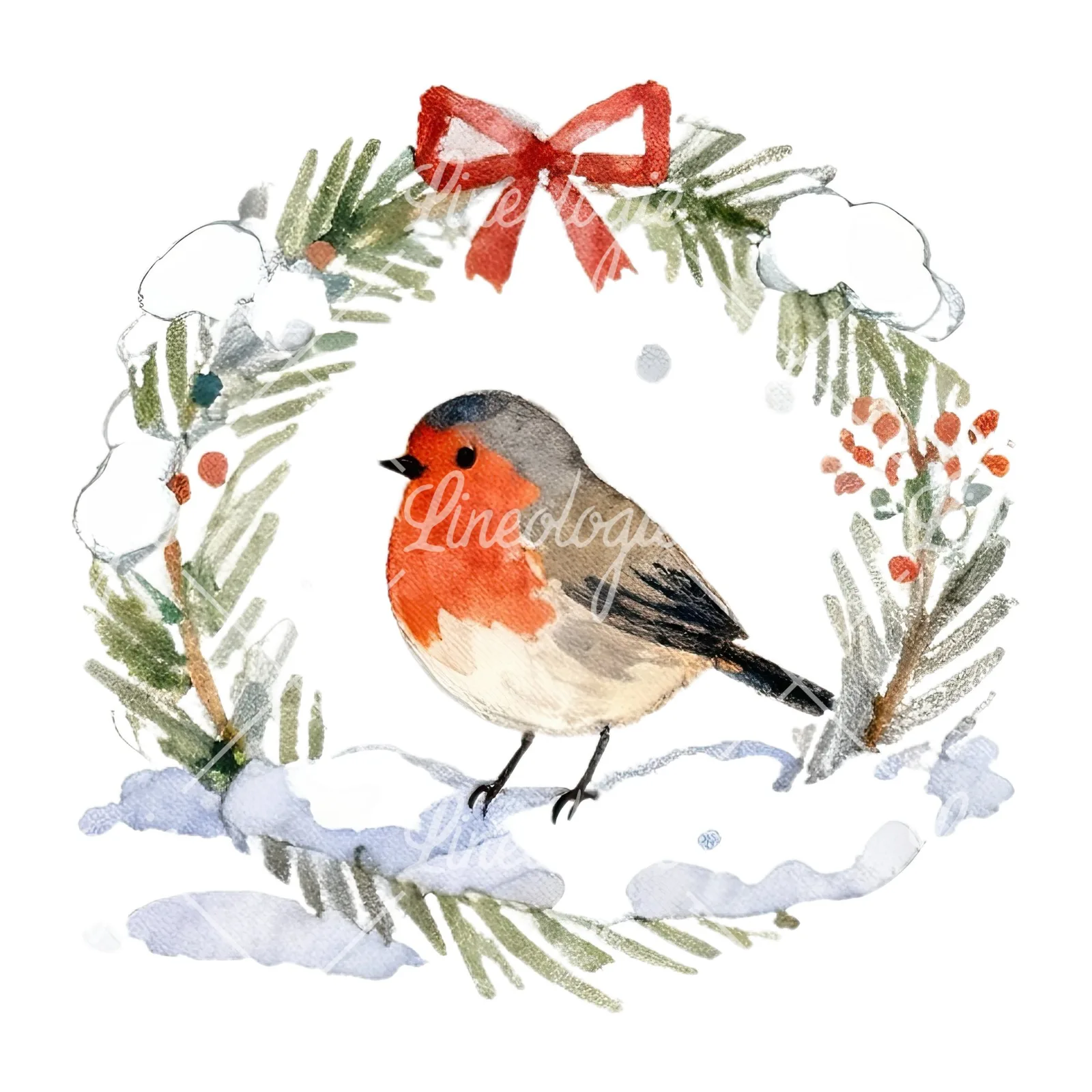 Watercolor robin wreath clipart 9 of 12 on a white background (JPG)