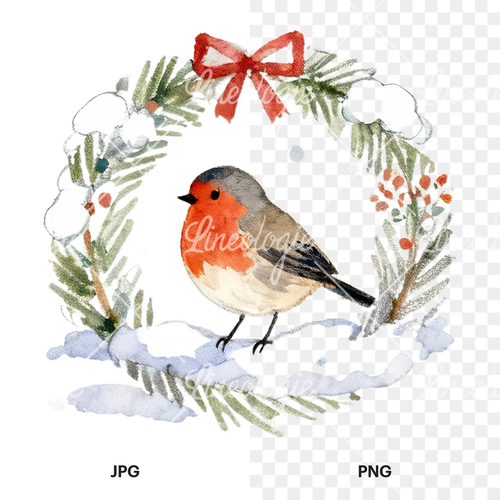 Watercolor robin wreath clipart 9 of 12, as a JPG on white and a transparent PNG