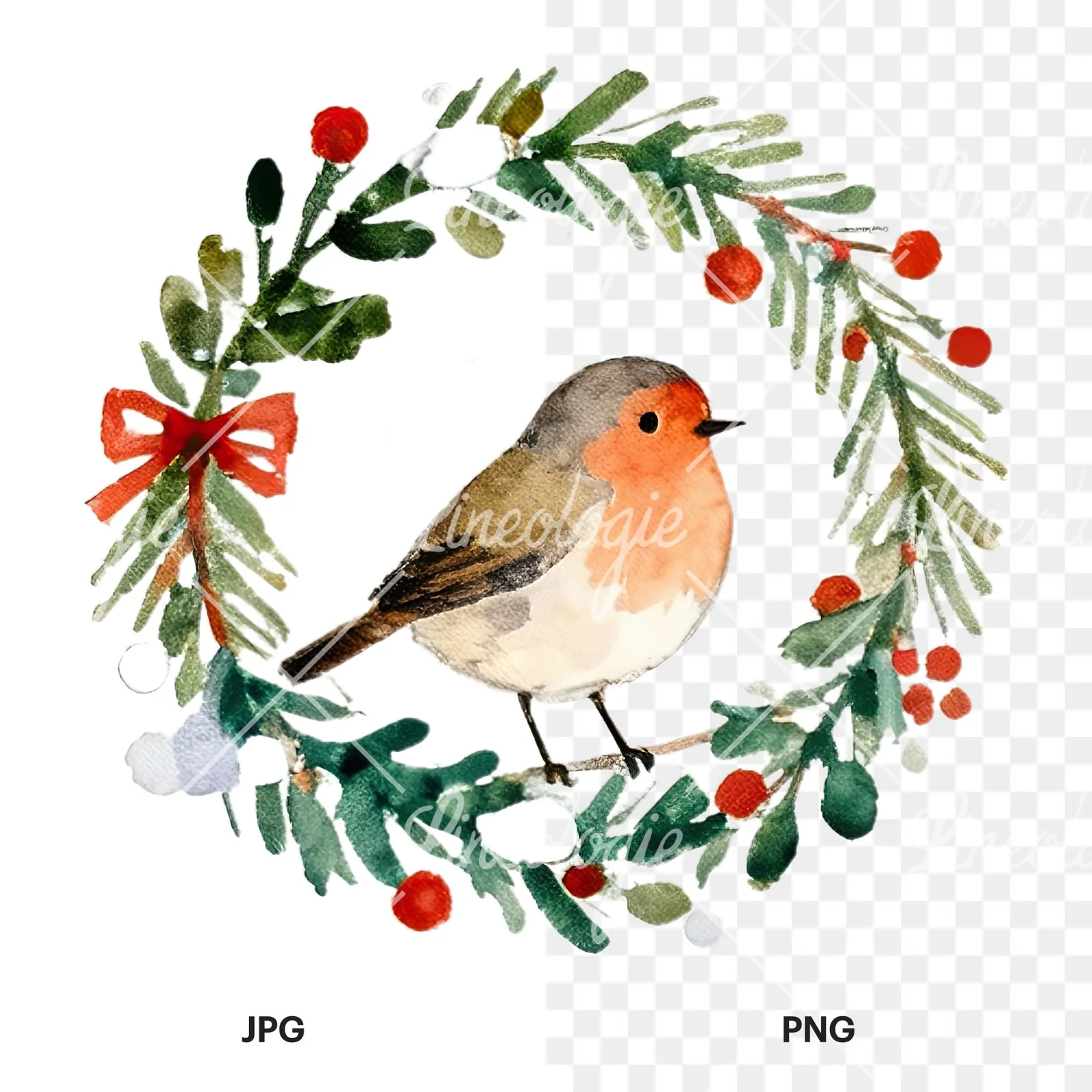 Watercolor robin wreath clipart 10 of 12, as a JPG on white and a transparent PNG