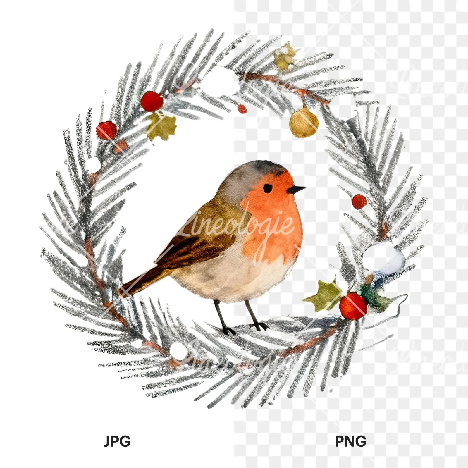 Watercolor robin wreath clipart 11 of 12, as a JPG on white and a transparent PNG