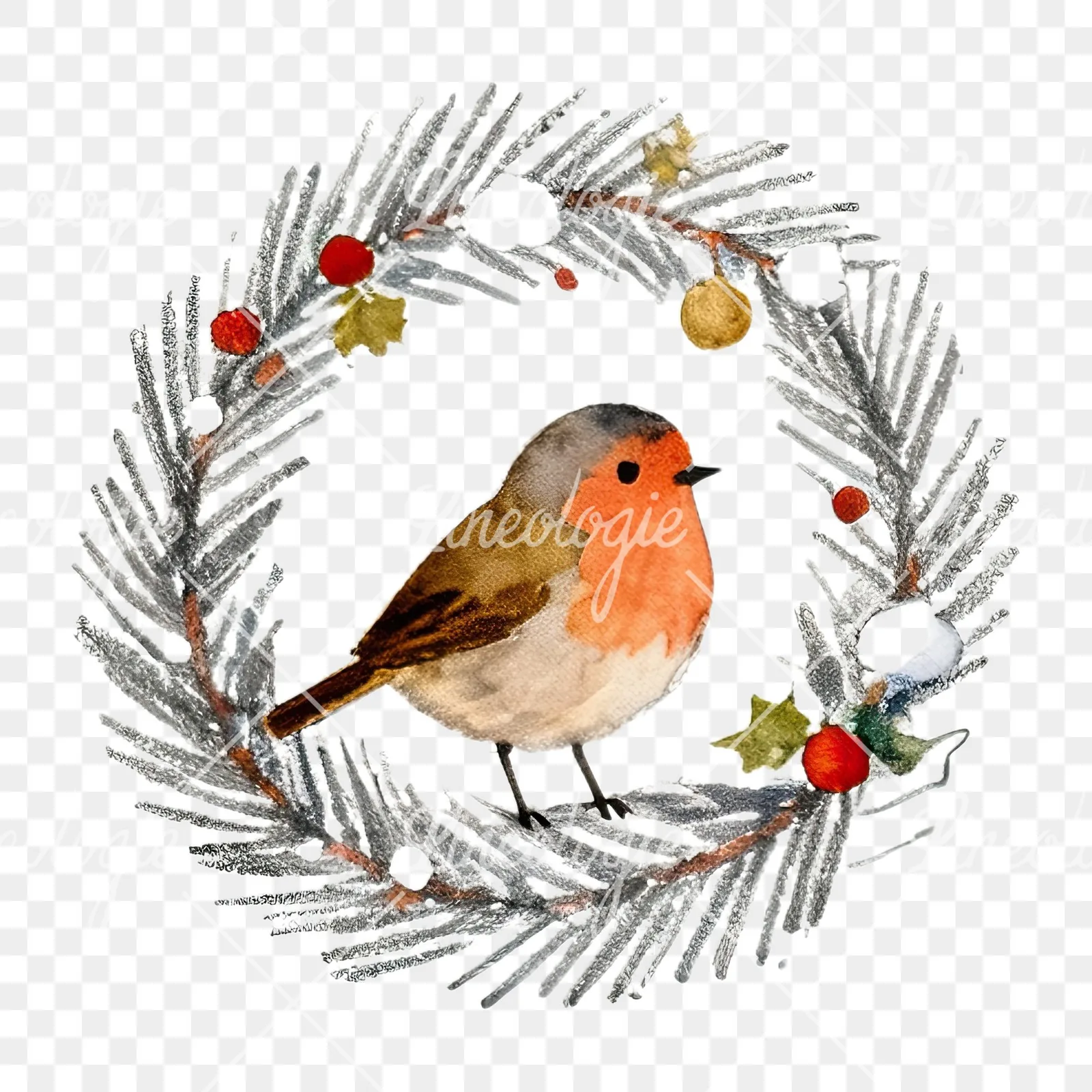 Watercolor robin wreath clipart 11 of 12 on a transparent background (PNG)