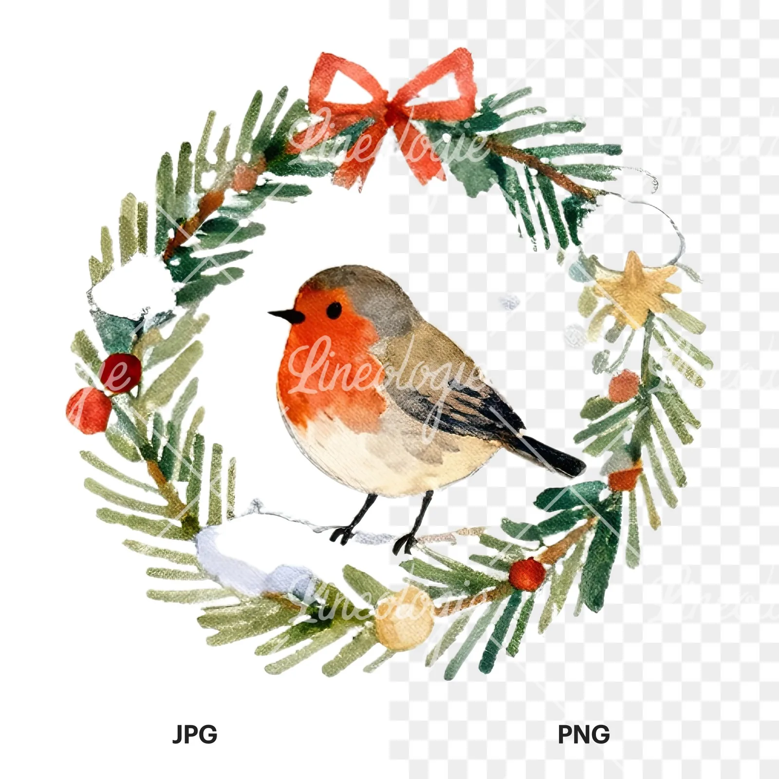Watercolor robin wreath clipart 12 of 12, as a JPG on white and a transparent PNG