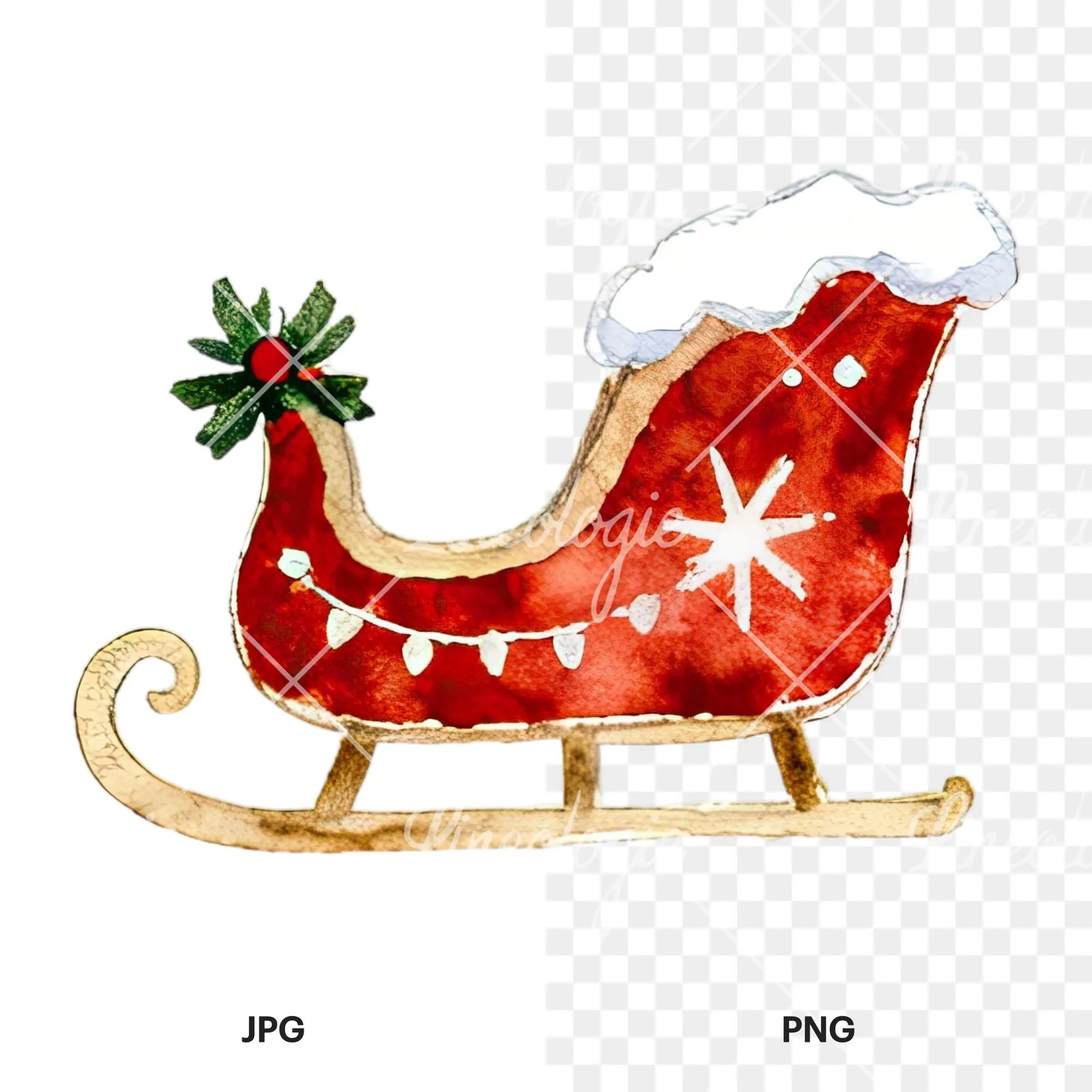 Watercolor sleigh clipart 3 of 12, as a JPG on white and a transparent PNG