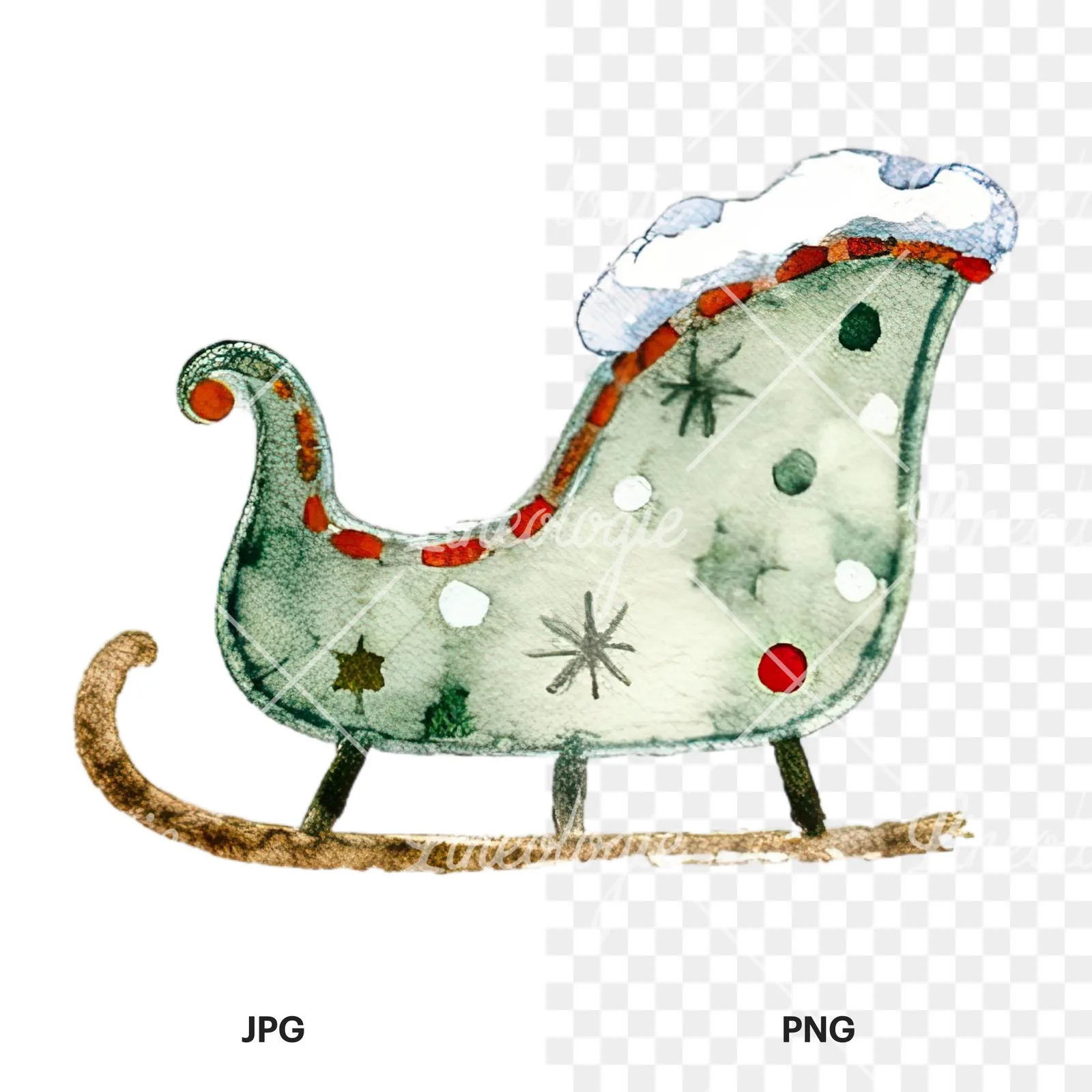 Watercolor sleigh clipart 5 of 12, as a JPG on white and a transparent PNG