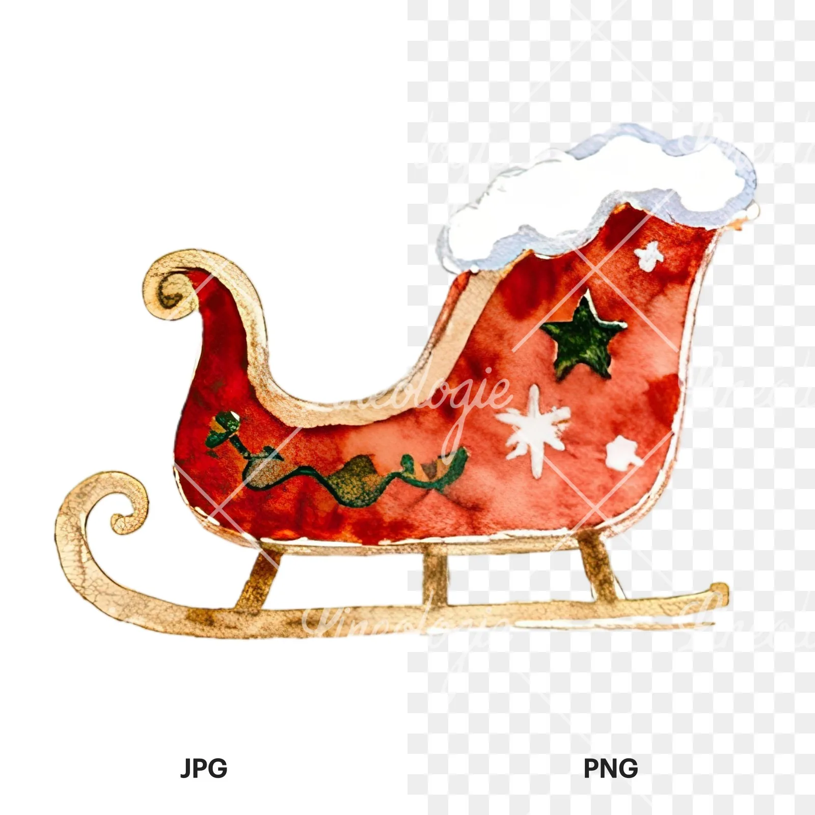 Watercolor sleigh clipart 9 of 12, as a JPG on white and a transparent PNG