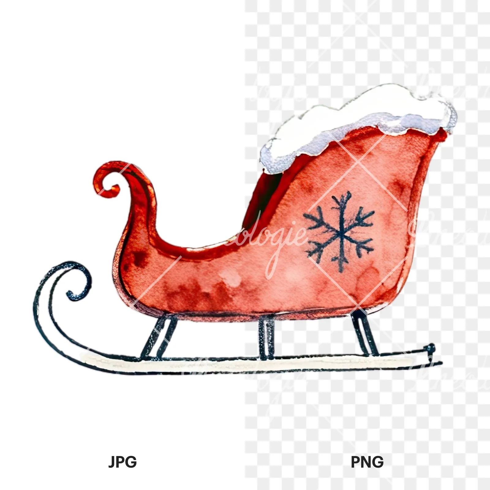 Watercolor sleigh clipart 10 of 12, as a JPG on white and a transparent PNG