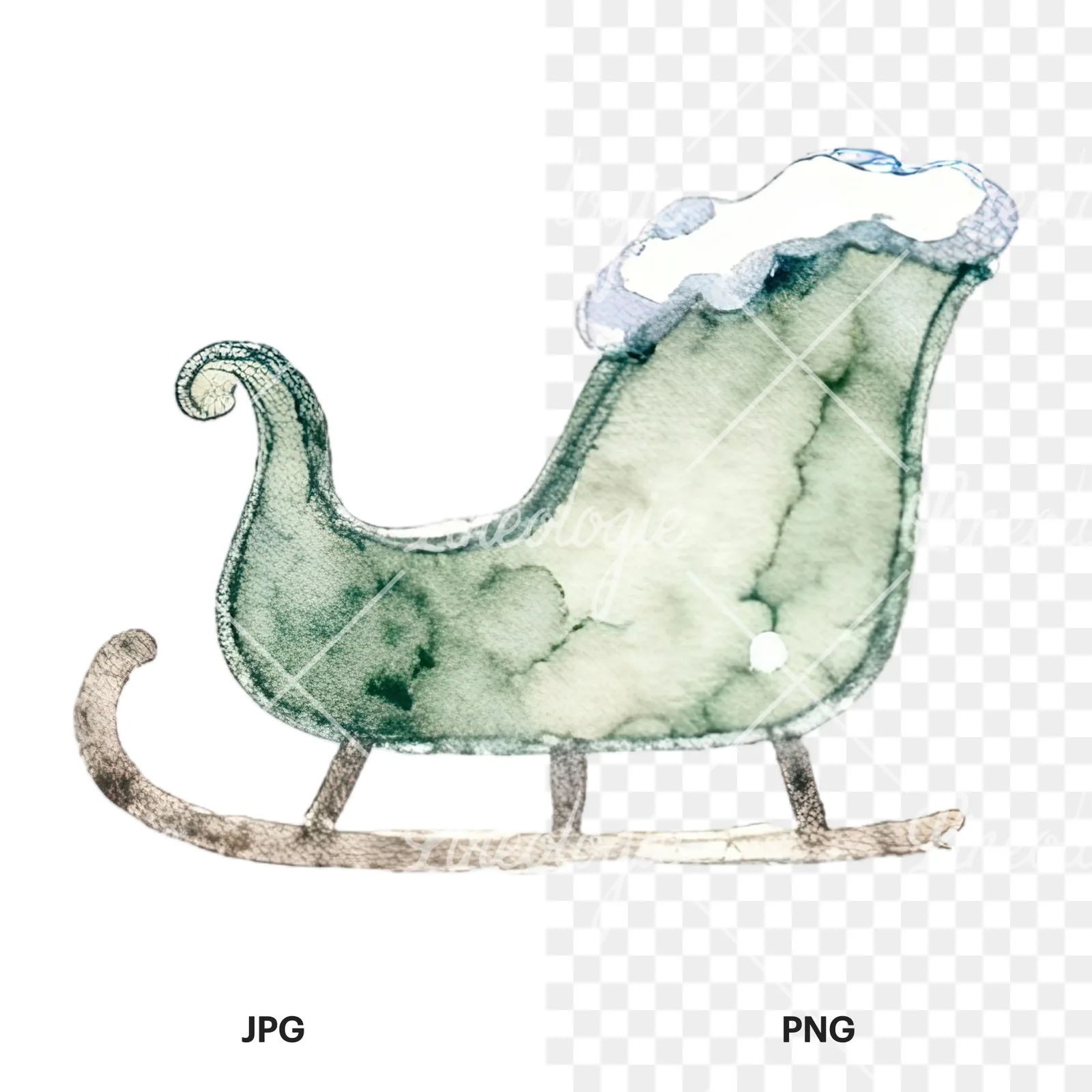 Watercolor sleigh clipart 11 of 12, as a JPG on white and a transparent PNG