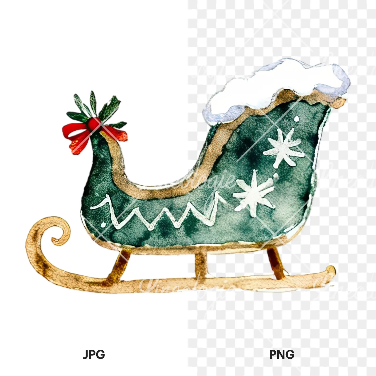 Watercolor sleigh clipart 12 of 12, as a JPG on white and a transparent PNG