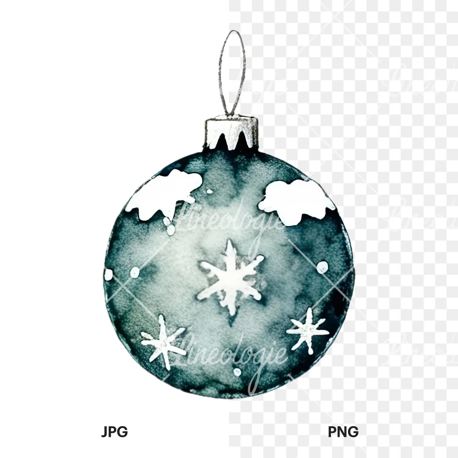 Watercolor snowflake Christmas bauble clipart 4 of 16, as a JPG on white and a transparent PNG