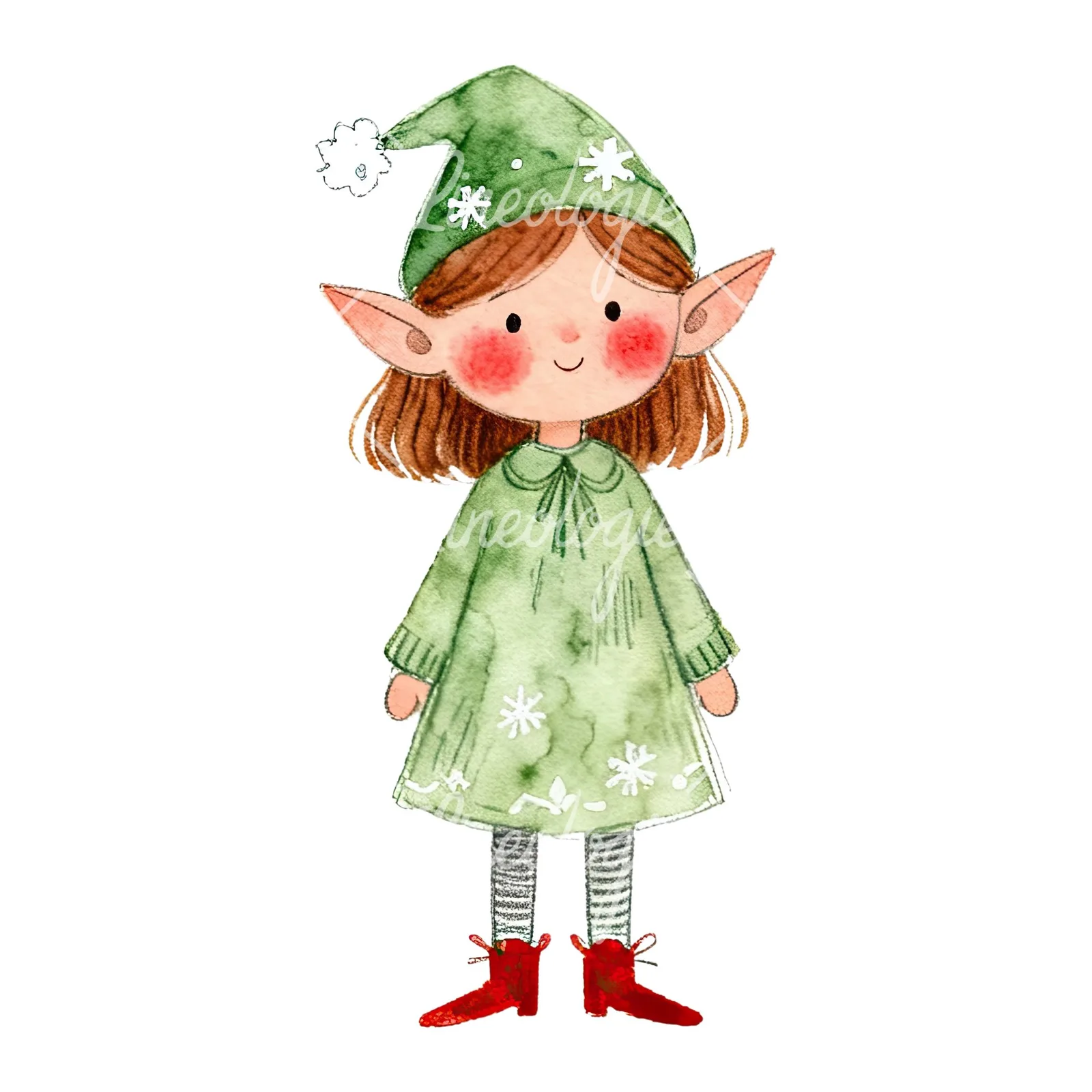 Watercolor red and green Christmas elf clipart 1 of 6 on a white background (JPG)