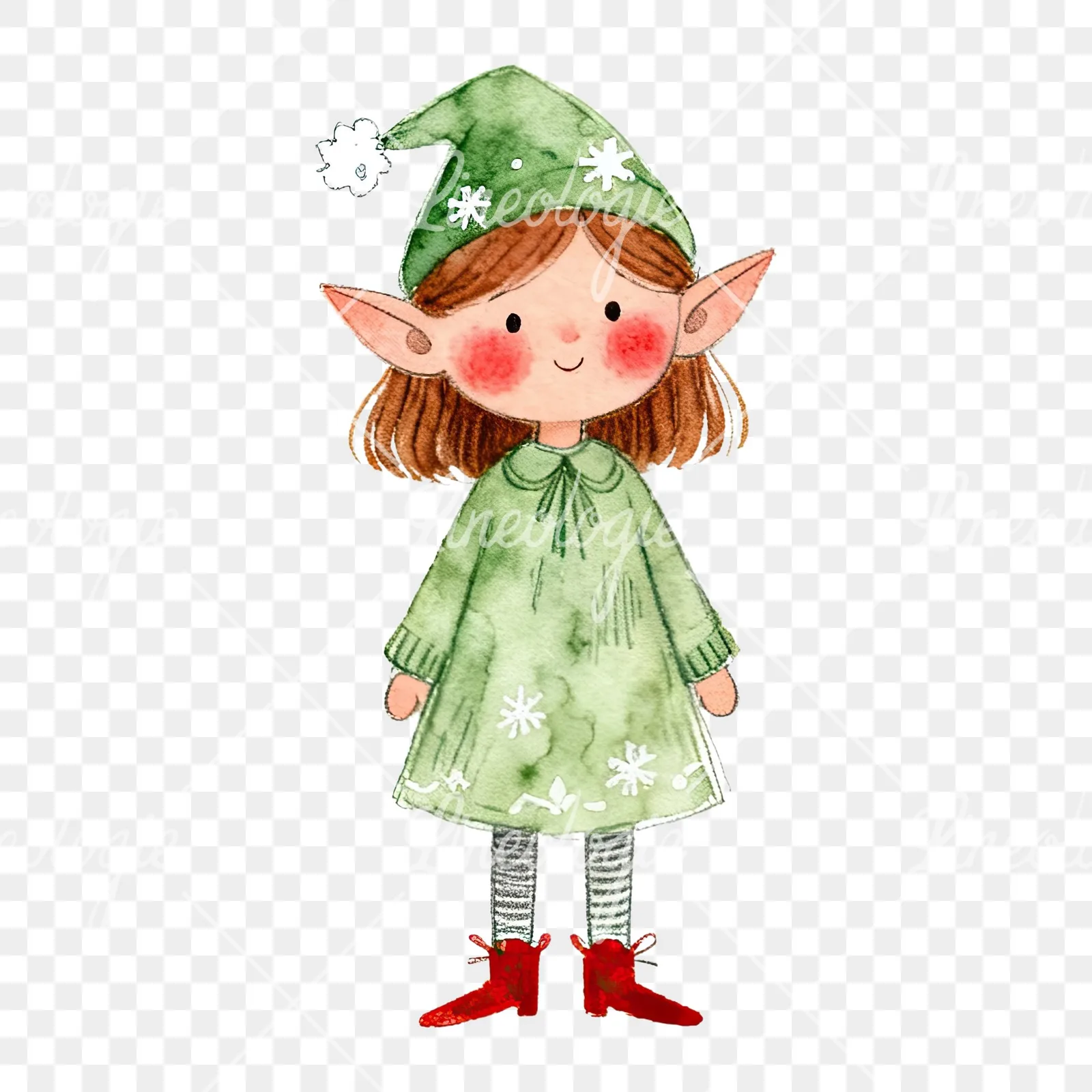 Watercolor red and green Christmas elf clipart 1 of 6 on a transparent background (PNG)