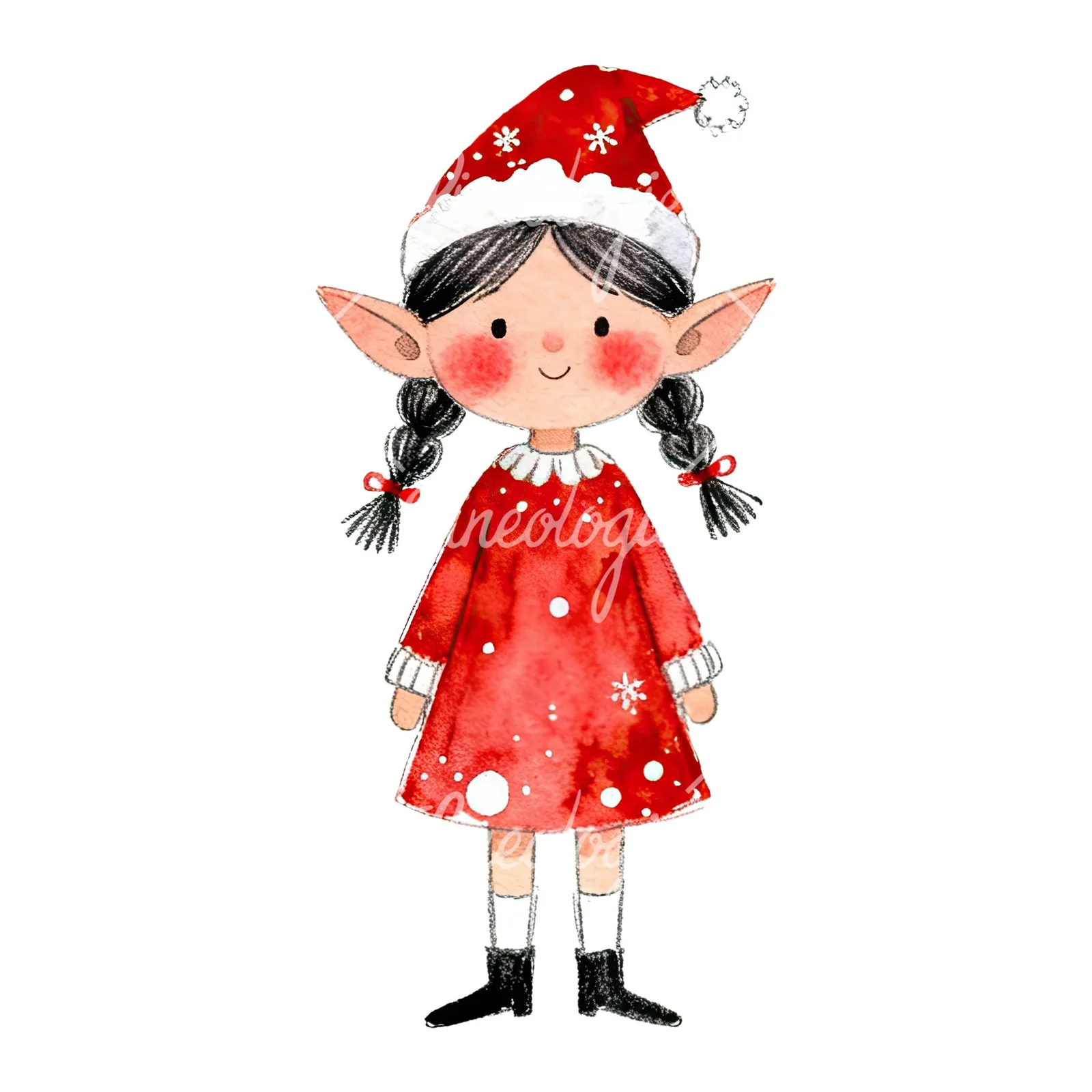 Watercolor red and green Christmas elf clipart 2 of 6 on a white background (JPG)